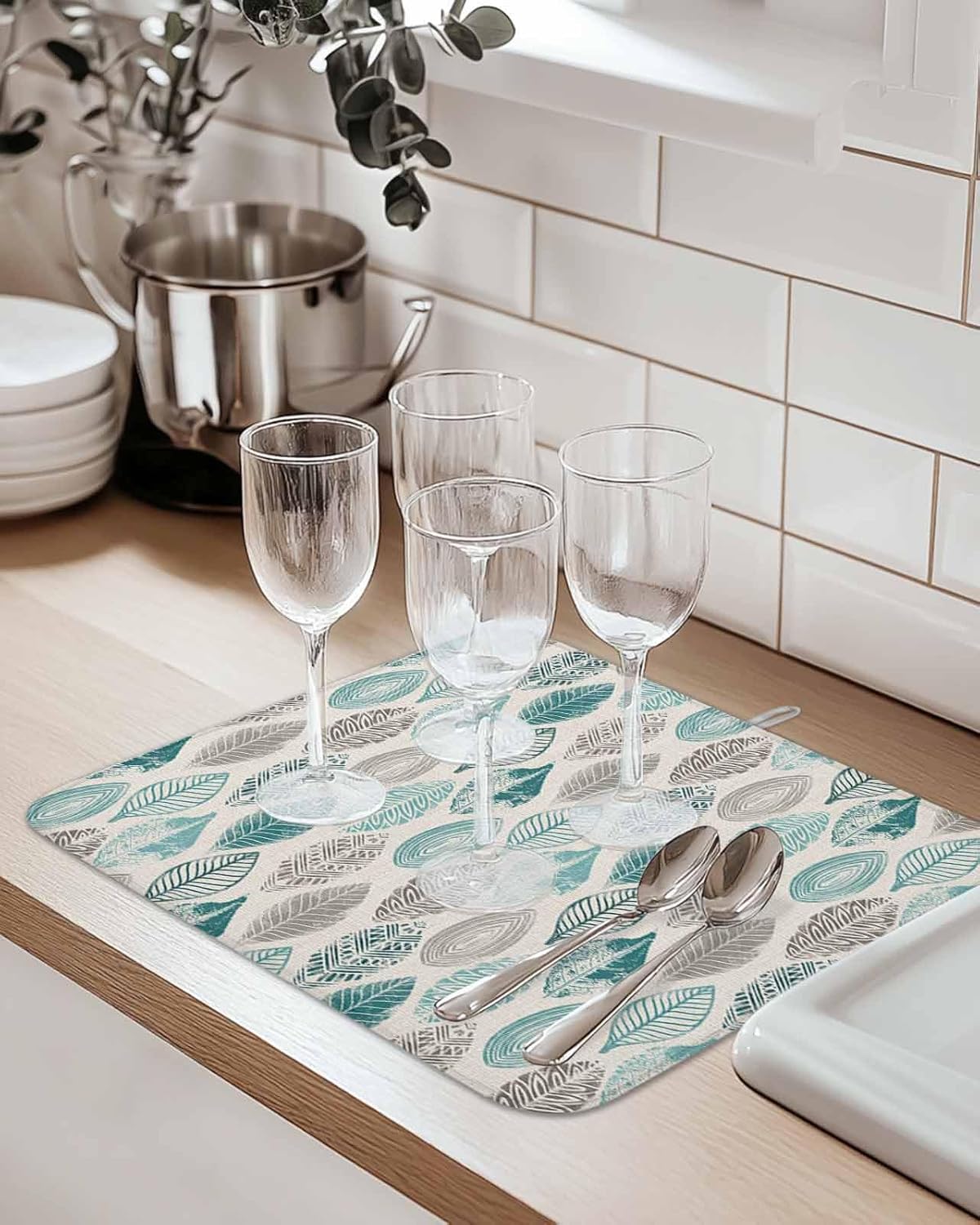 2 Pack Dish Drying Mats,Teal Leaf Gray Gradient Leaves Super Absorbent Microfiber Dishes Drainer Mat Farm Plant Vintage Linen Reversible Drying Rack Pads for Kitchen Counter Sink