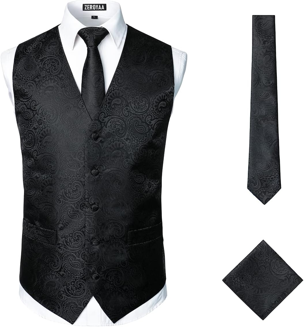 Mens Classic 3pc Jacquard Paisley Vest Set Necktie Pocket Square Waistcoat for Suit or Tuxedo