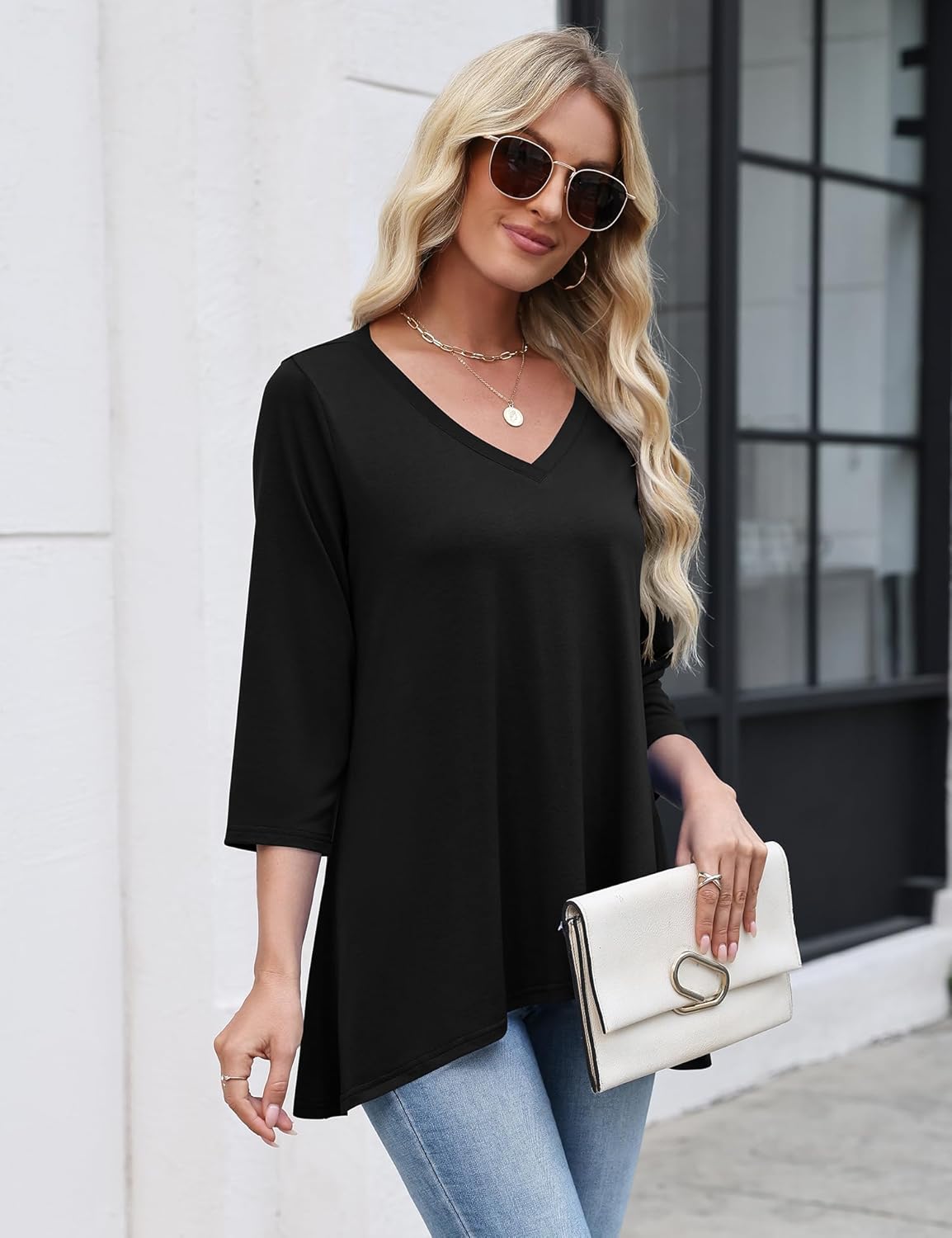 LUYAA 3/4 Length Sleeve Womens Tops V Neck Loose Fit Dressy Casual Blouse Flowy Shirts Plus Size Womens Clothing S-3XL - Image 3