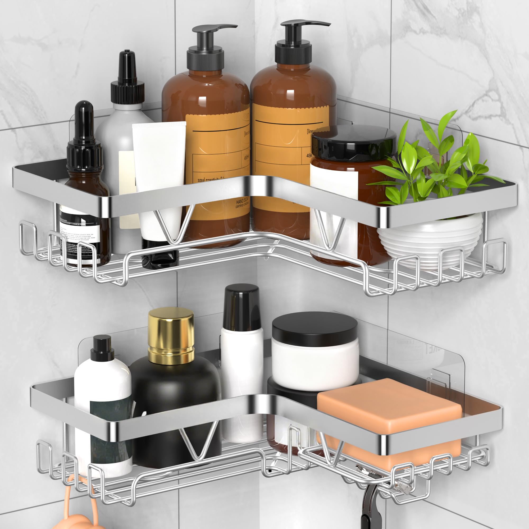KEGII Corner Adhesive Shower Caddy Rustproof Shower Shelf with Soap Holder 14 Hooks No Drilling Bathroom Rack Storage