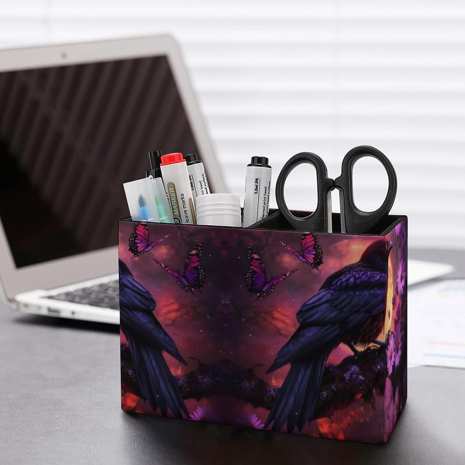 Crow Halloween Raven Daisy Butterfly Pencil Pen Holder PU Leather Desk Storage Organizer Makeup Brush Box