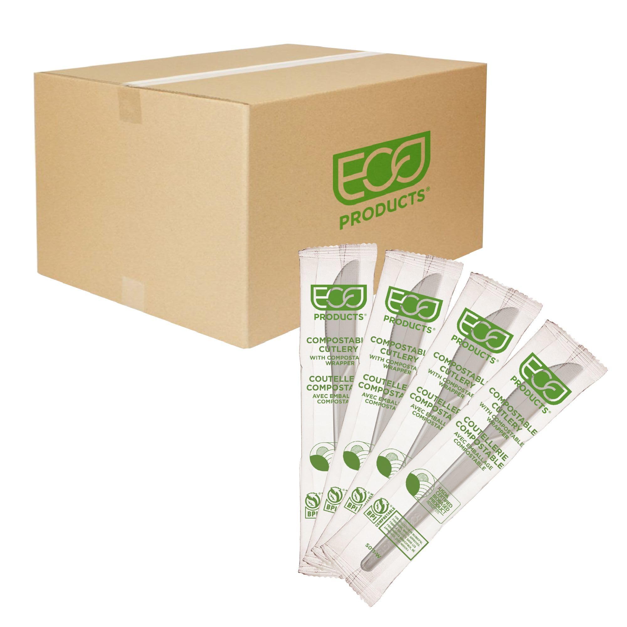 ECO PRODUCTS Plantware Disposable Compostable PLA Plastic Wrapped Utensil Cutlery, 6" Knife, Case of 1000