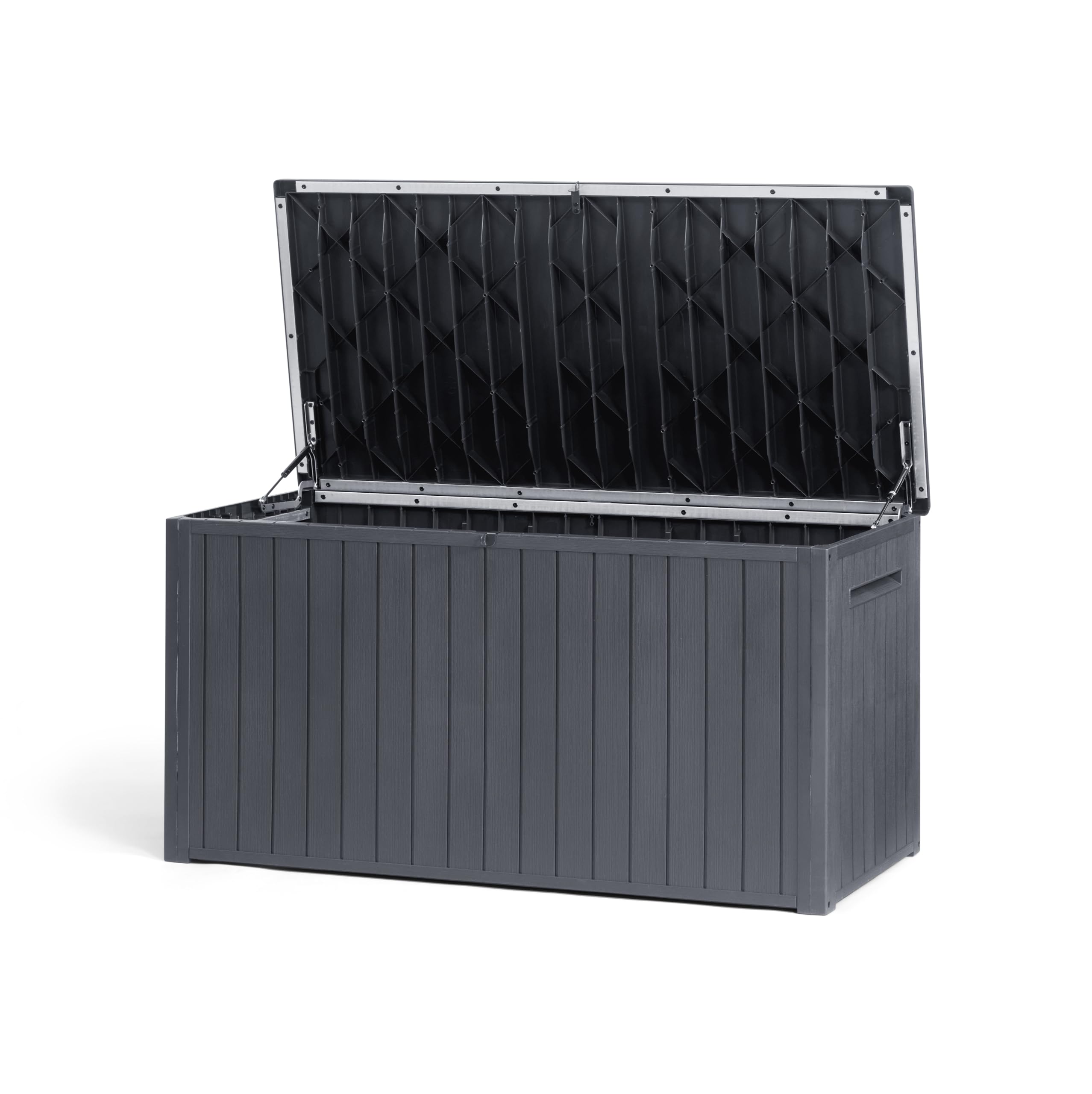 Keter Southwood Gartenbox 643L – Wetterfeste Auflagenbox mit Gasdruckfeder, abschließbar, Kunststoff in Holzoptik, grau, 146x74x70 cm