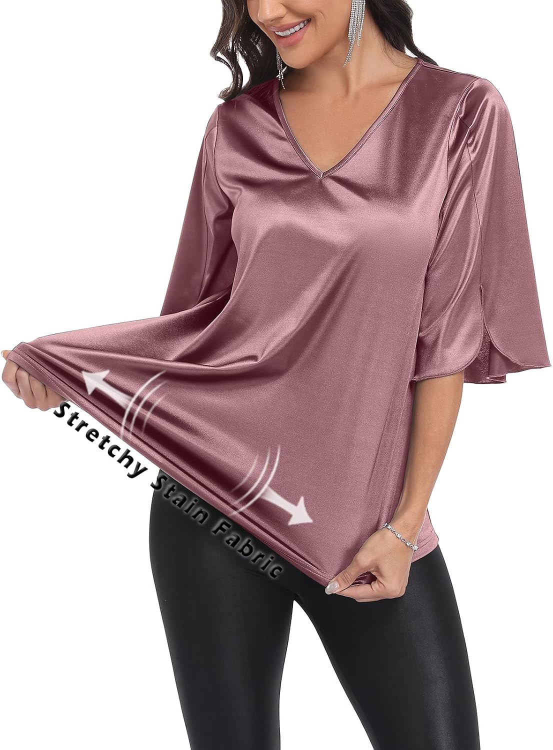 Women’s Stretch Satin Blouse Elegant V Neck 3/4 Sleeve Dressy Tops Flowy A-Line Silky Shirt for Wedding Guest Work