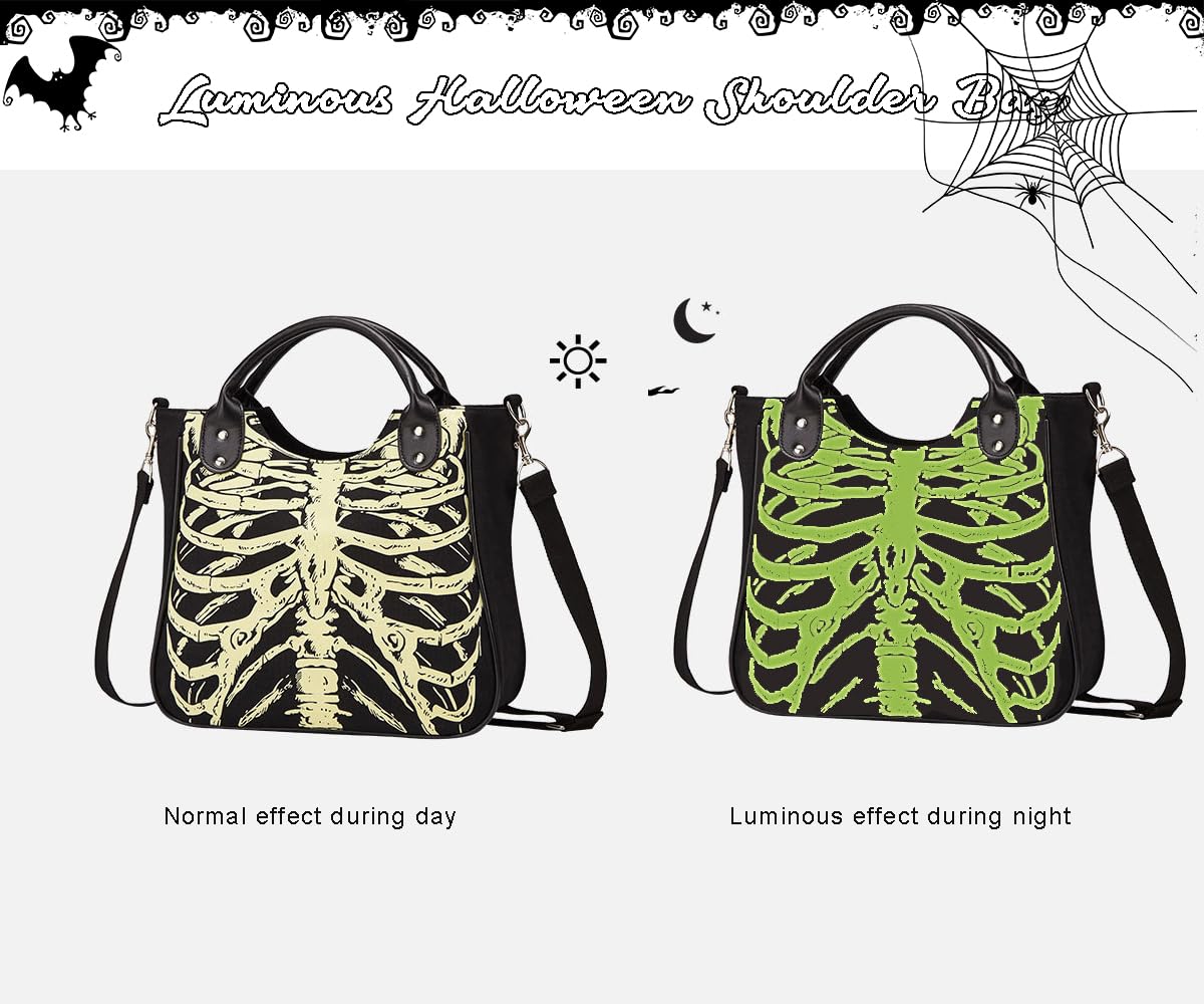 Women Handbag Canvas Punk Purse Luminous Skull Print Shoulder Bag Halloween Tote with Shoulder Strap Large Capacity Satchel