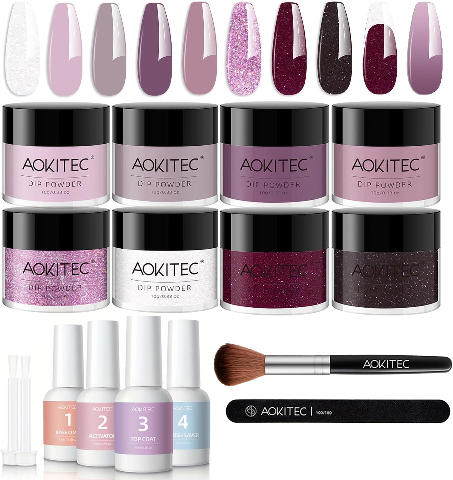 Aokitec 14Pcs Dip Powder Nail Kit for Starter, 8 Colors Collection, Acrylic Nail Dipping Powder Kit with Base Top Coat Activator Brush Saver for French Nails Art Manicure DIY Salon, Women Girls Gift