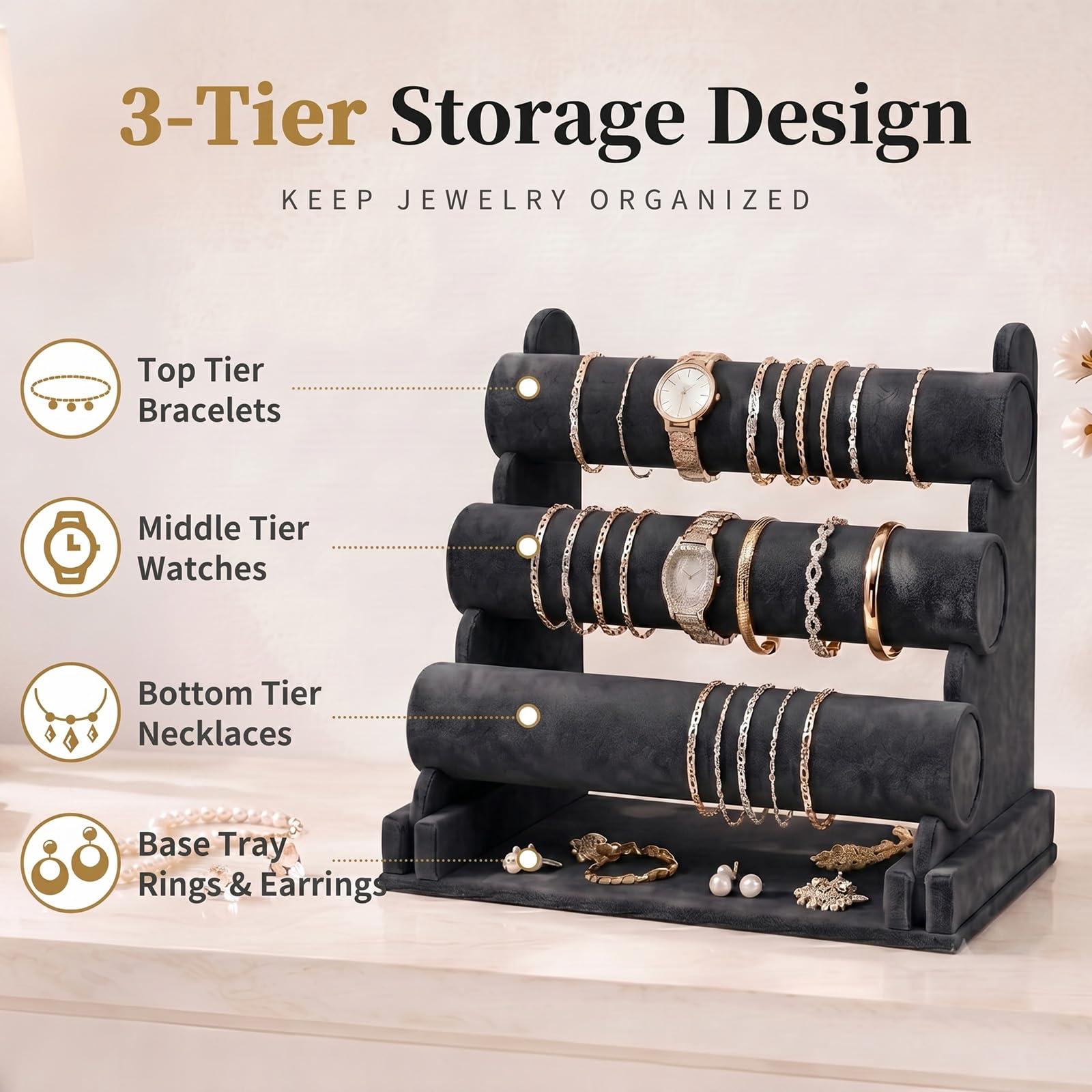 powerking Black Velvet T-bar Bracelet Watch Jewelry stand display, 3 ripiani