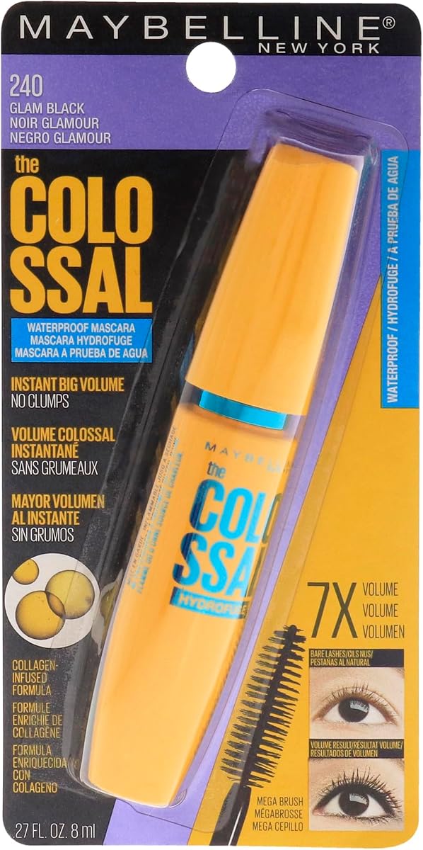 Volum' Express Colossal Waterproof Mascara Makeup, Volumizing, Glam Black, 1 Count