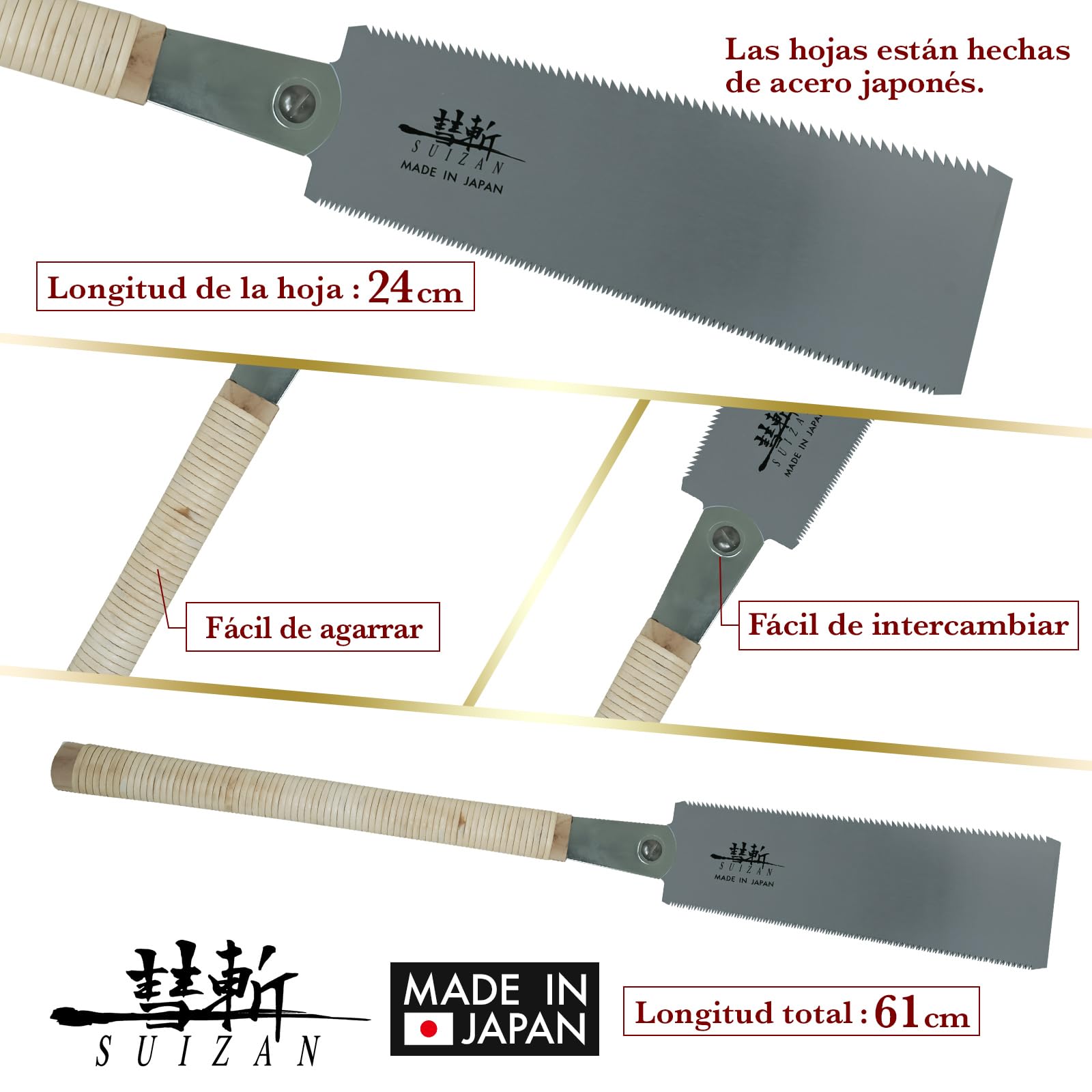 SUIZAN Ryoba Sierra japonesa de doble filo 240mm - Serrucho de mano profesional Herramientas carpinteria madera