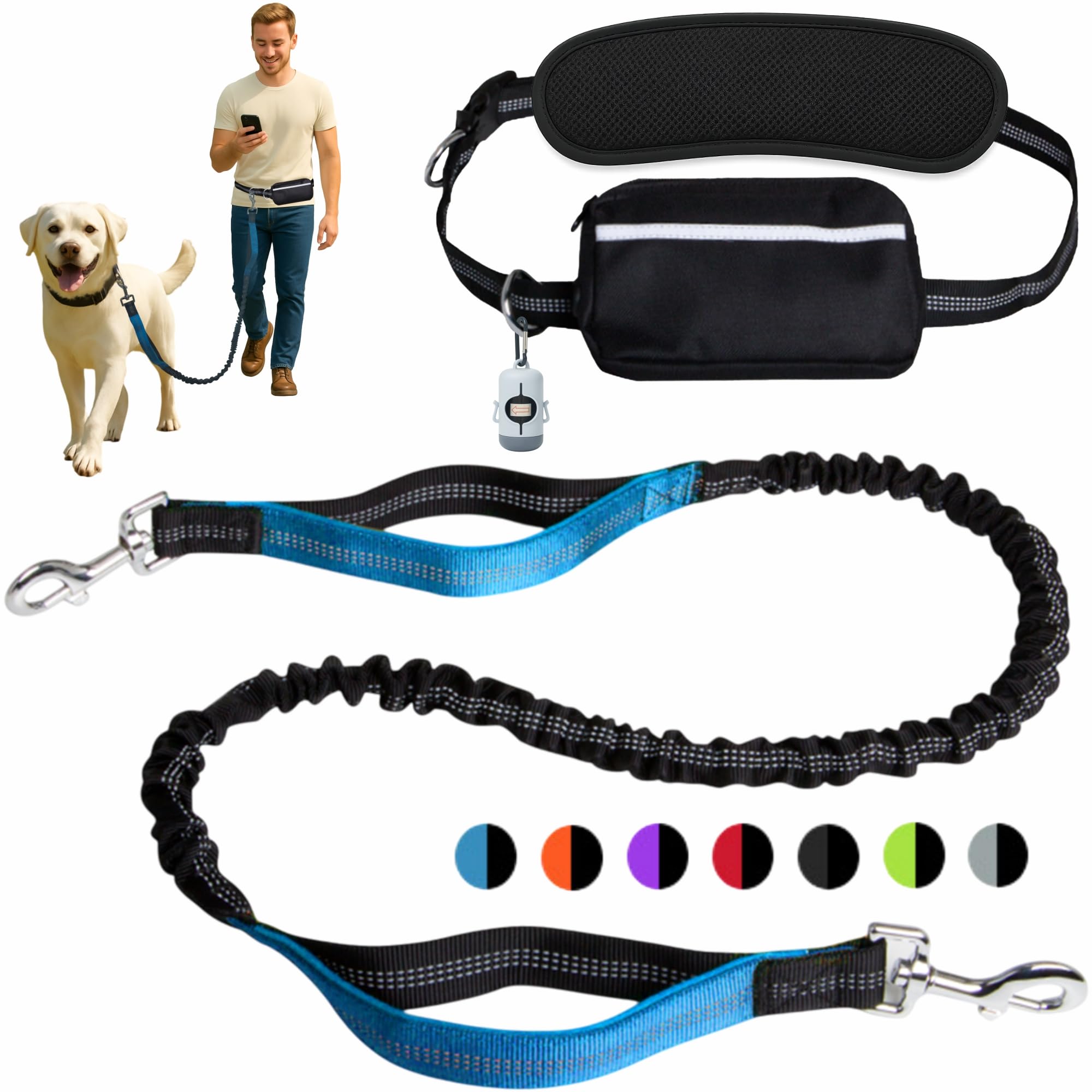 Hands-Free Dog Leash for Dogs up to 130 lbs – Heavy-Duty, Shock-Absorbing Bungee Leash with Zipper Pouch, Dual Padded Handles & Adjustable Waist Belt for Running & Walking – Sky Blue