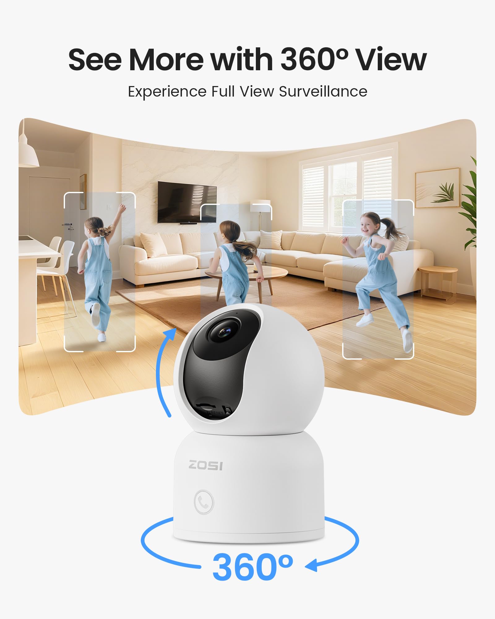 ZOSI Pack de 2 Cámara Vigilancia Seguridad WiFi Interior 8MP para Bebé/Mascota, Detección y Seguimiento de Movimiento, 360° Vista, Audio Bidireccional, 2.4G/5G WiFi, 64GB Tarjeta Incluida, 4K C518