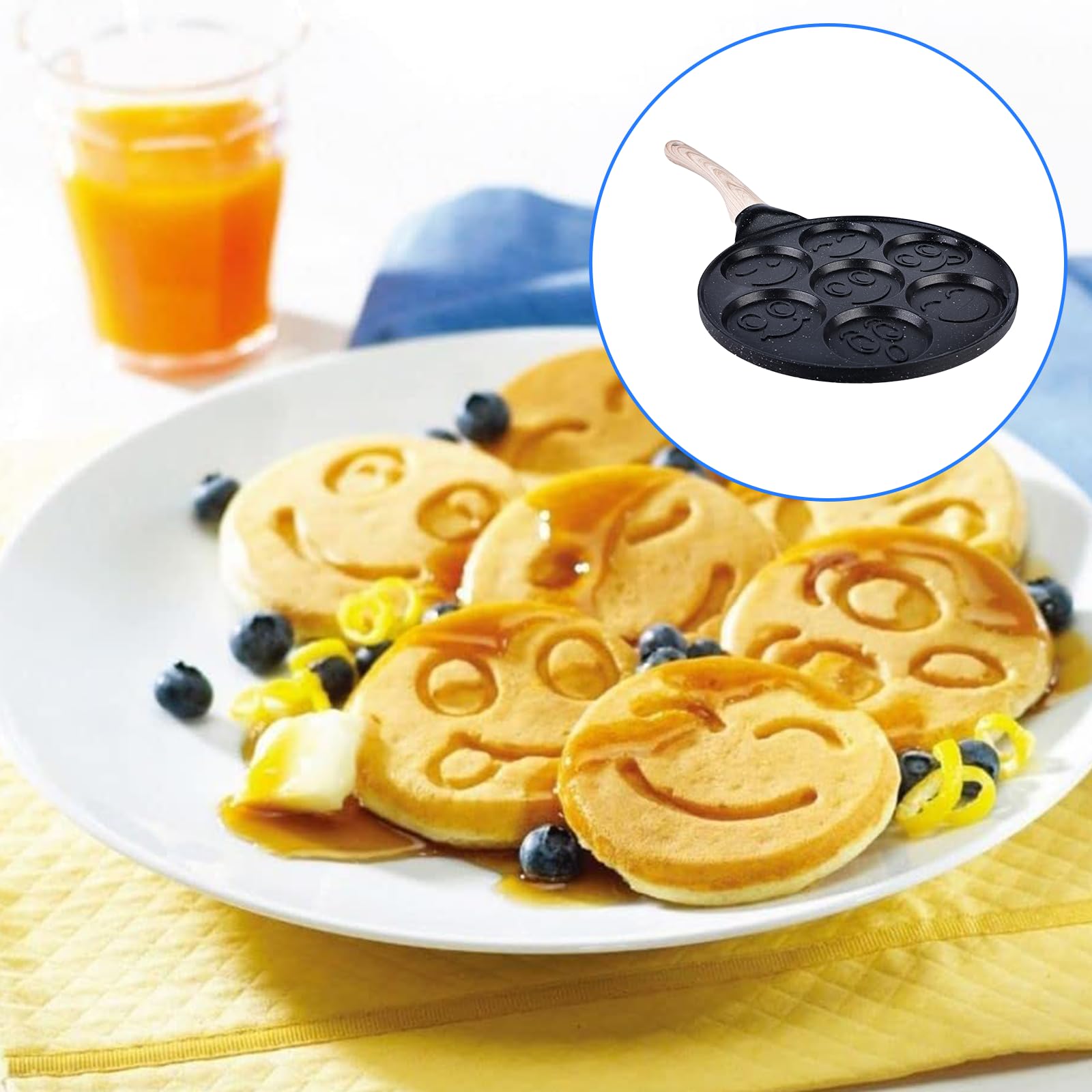 Poêle à crêpes antiadhésive de 26 cm : sept trous, poêle à crêpes avec visages smiley, poêle à œufs au plat pour omelettes, hamburgers, utiliser uniquement un feu ouvert