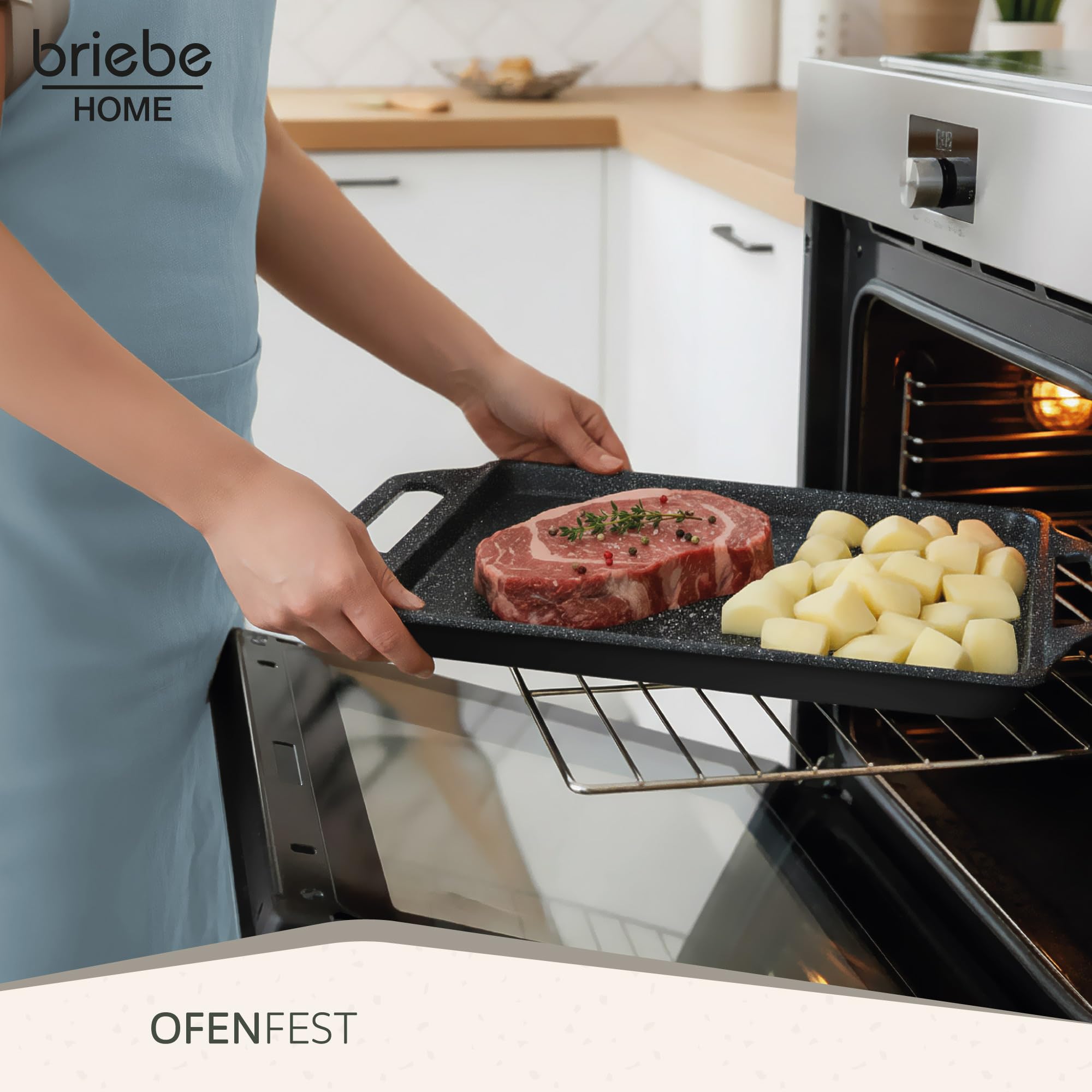 briebe Black Titanium Grillplatte Induktion, Antihaft Titanium, Aluminiumguss, Grillpfanne Bratblech 43x25cm, PFOA-freie Beschichtung, Silikongriffe, Keramikkochfeld, Gas, Ofen