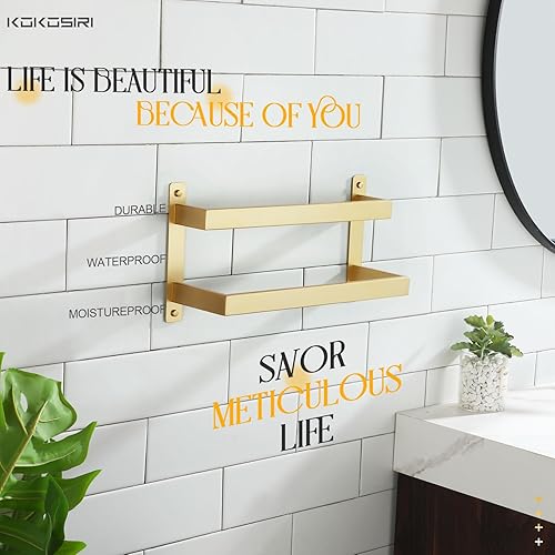 Miniatura 7 de KOKOSIRI Toalleros de baño de 16 pulgadas con escalera de 2 niveles de oro cepillado, toalleros montados en la pared, estantes de acero inoxidable,