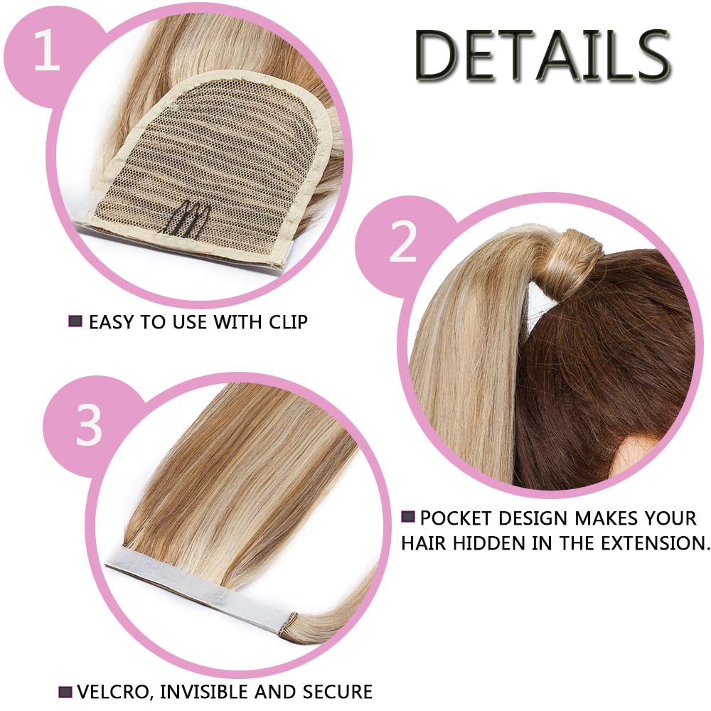 SEGO Extension Coda di Cavallo Capelli Veri Clip Fascia Unica 100% Remy Human Hair Umani Lisci Naturali Ponytail Extensions Aderire 50cm-95g # Castano Chiaro Dorato mix Biondo Chiarissimo