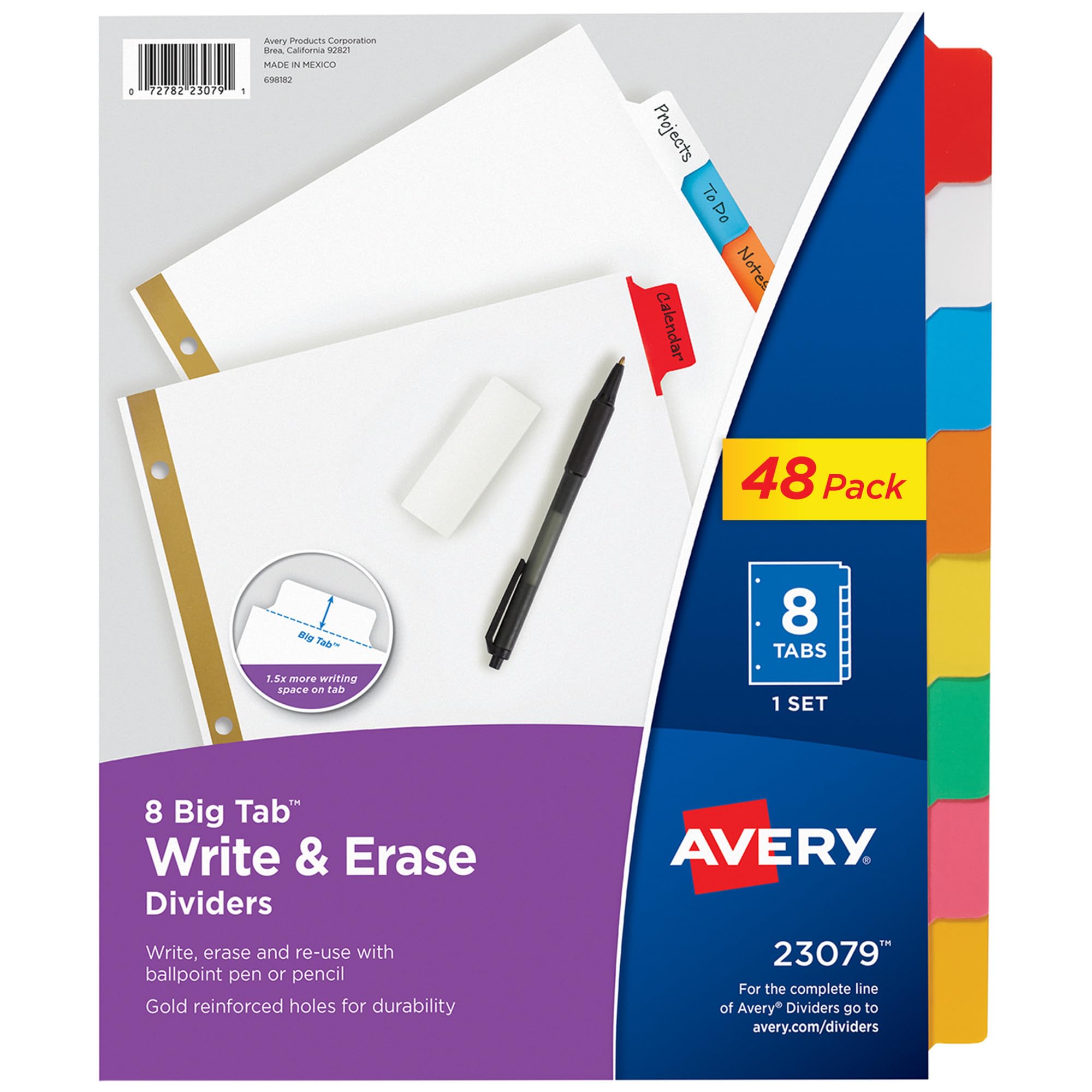 Avery 23079 Trennblätter zum Schreiben und Löschen von großen Registern für 3 Ringbücher, 8 Registerkarten, mehrfarbige Trennblätter, ideal für die Organisation von Projekten, Berichten, Finanzen und