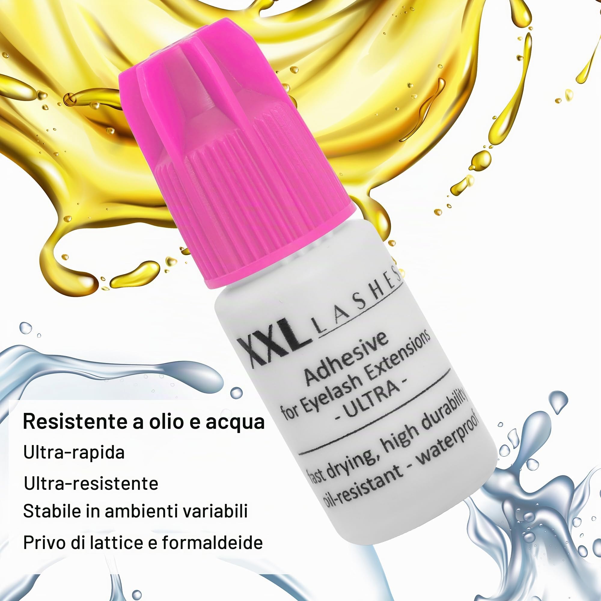 Adesivo per allungamento delle ciglia XXL Lashes "Ultra", Colla per per extensione delle ciglia, resistente all'olio, alta durata, asciugatura rapida, impermeabile, 5 ml