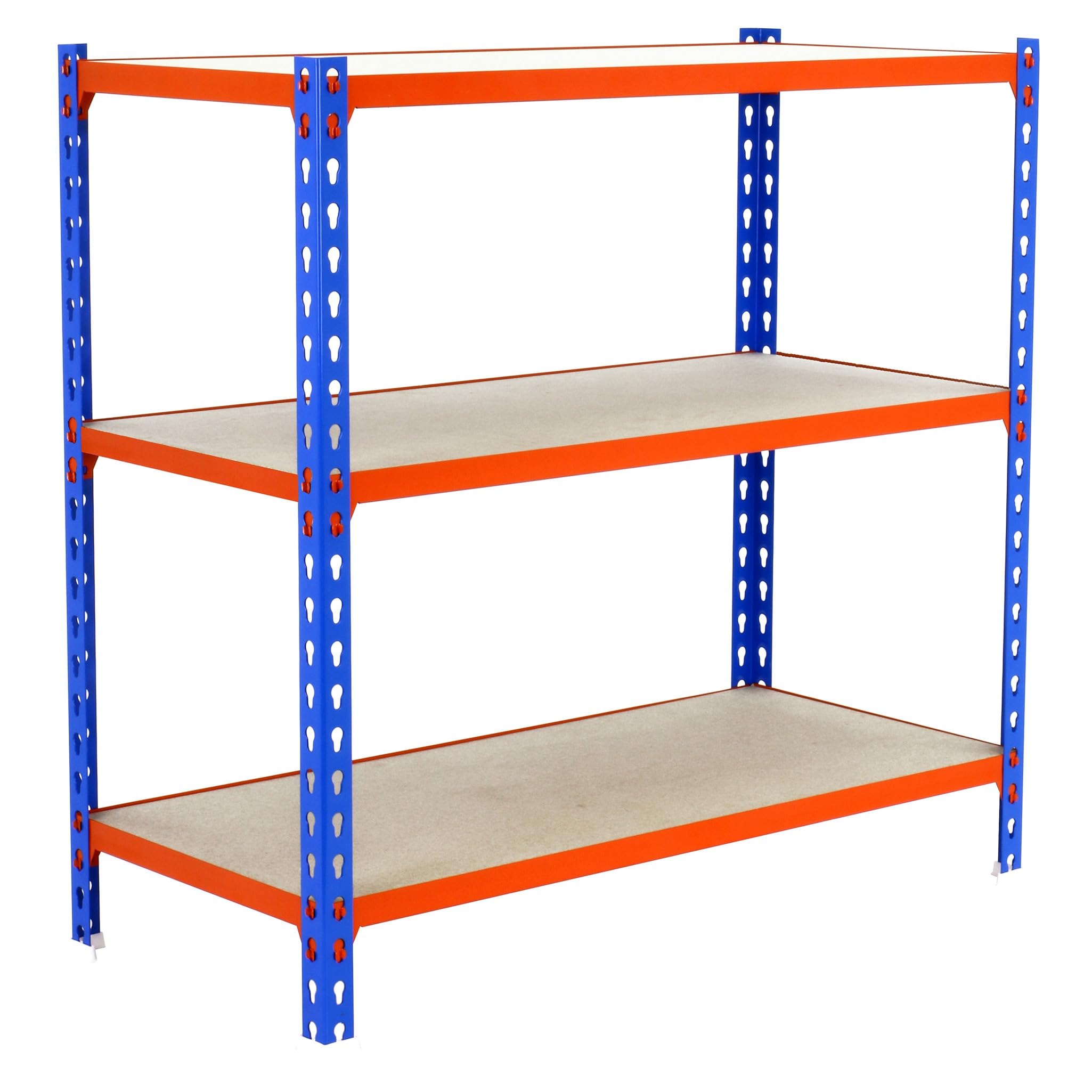 Simon Rack Schwerlastregal, 1000x1100x300 mm, Bis 200 kg Belastbar, 3 Verstellbare Ablagen, MDF-Platten, Kellerregal, Lagerregal, Blau/Orange/Holz - Simonclick