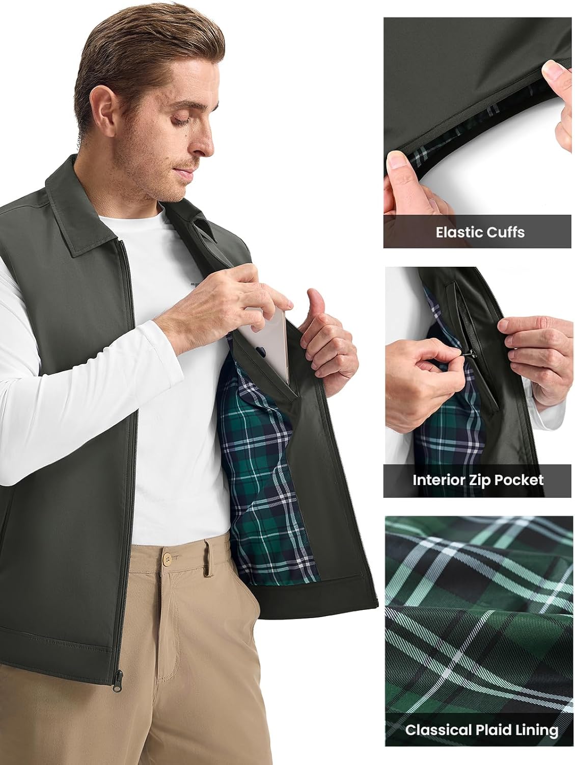 Rdruko Men's Golf Vest Lightweight Outerwear Windproof Water Resistant Grid Lining Vest with Zipper Pockets for Casual - Image 4