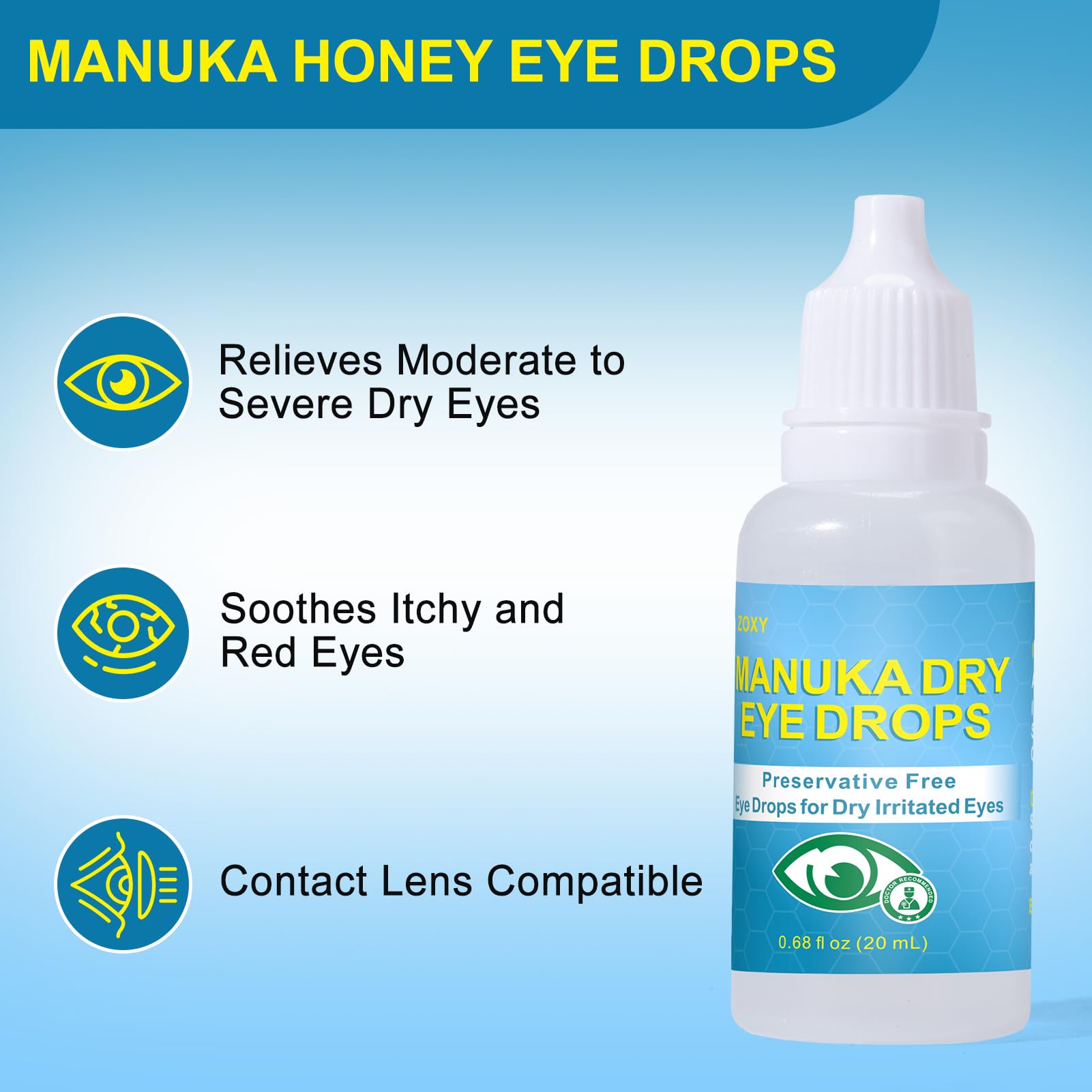 ZOXY Manuka Honey Eye Drops, Soothing and Hydrating Eye Drops for Dry Eyes, Irritated Eyes, Gentle Tear Replenishing Formula,0.68 FL OZ — Amazon image 2