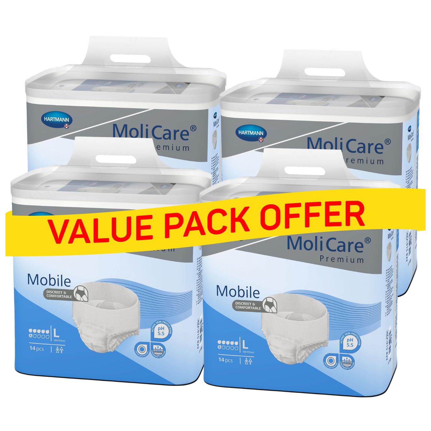 Bundle offer 4 packs, Adult Diaper Pants, Premium Mobile, Diapers pants for adult incontinence, Unisex, Large, 6 drops, 14 pieces/pack