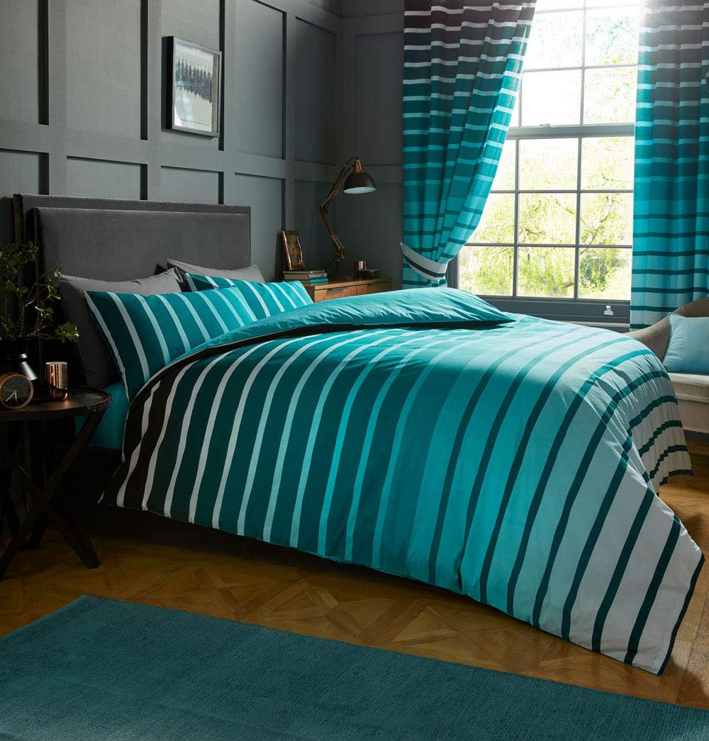 Homemaker Bed linen duvet sets teal stripes quilt cover & pillow cases contemporary bedding (King)