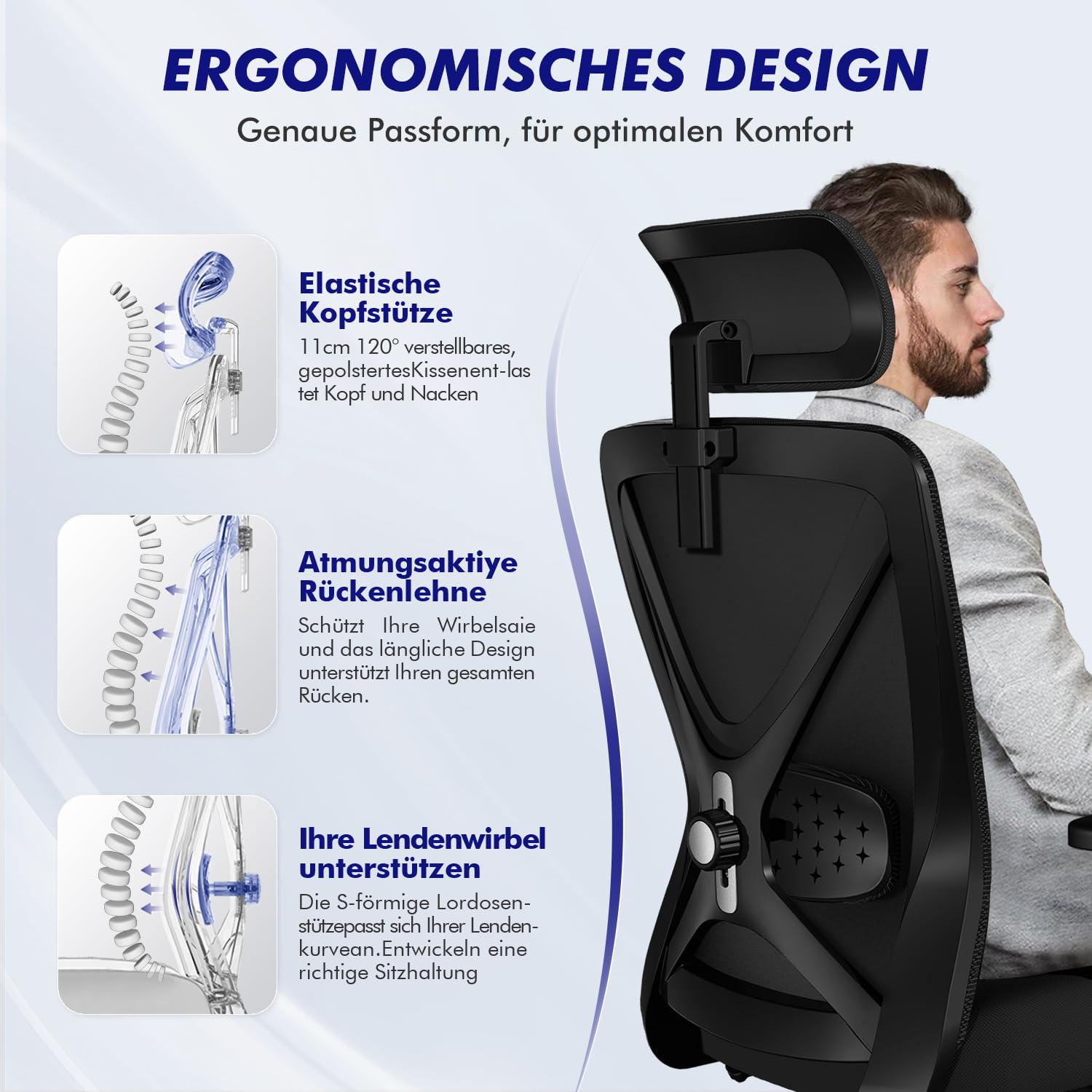Daccormax Bürostuhl, Bürostuhl Ergonomisch Schreibtischstuhl mit Verstellbaren Armlehnen, Kopfstütze und weiche Lendenstütze aus Naturschwamm, Chefsessel Drehstuhl Wippfunktion 200kg, Schwarz