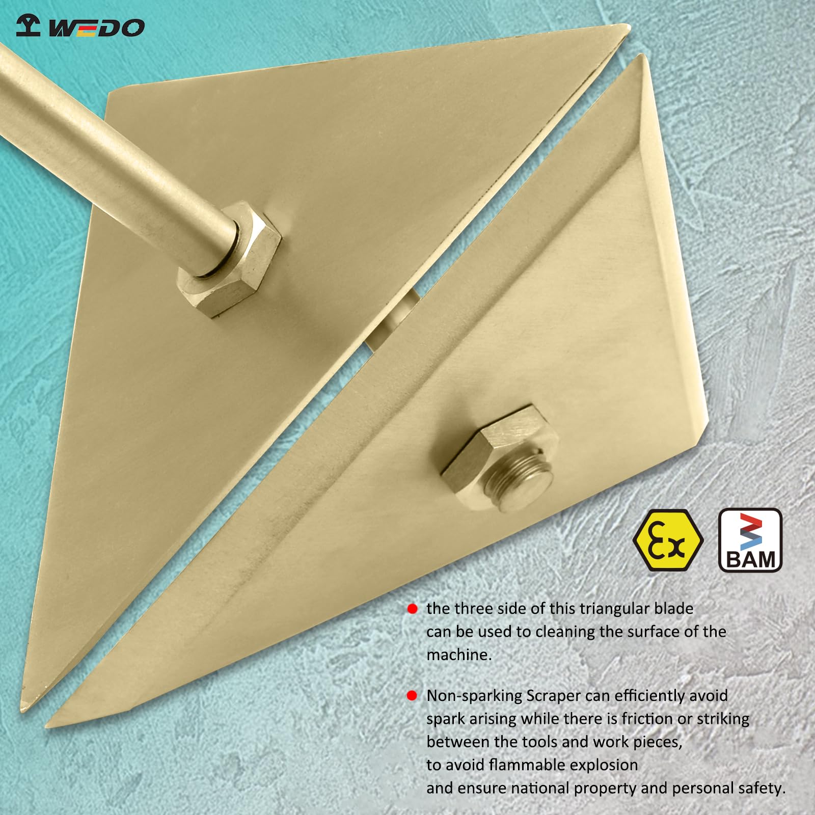 WEDO Raspador triangular sin chispas, hoja de espátula de 150 mm de ancho, 470 mm de largo, bronce de aluminio, resistente a la corrosión, mango de madera, certificado BAM & FM