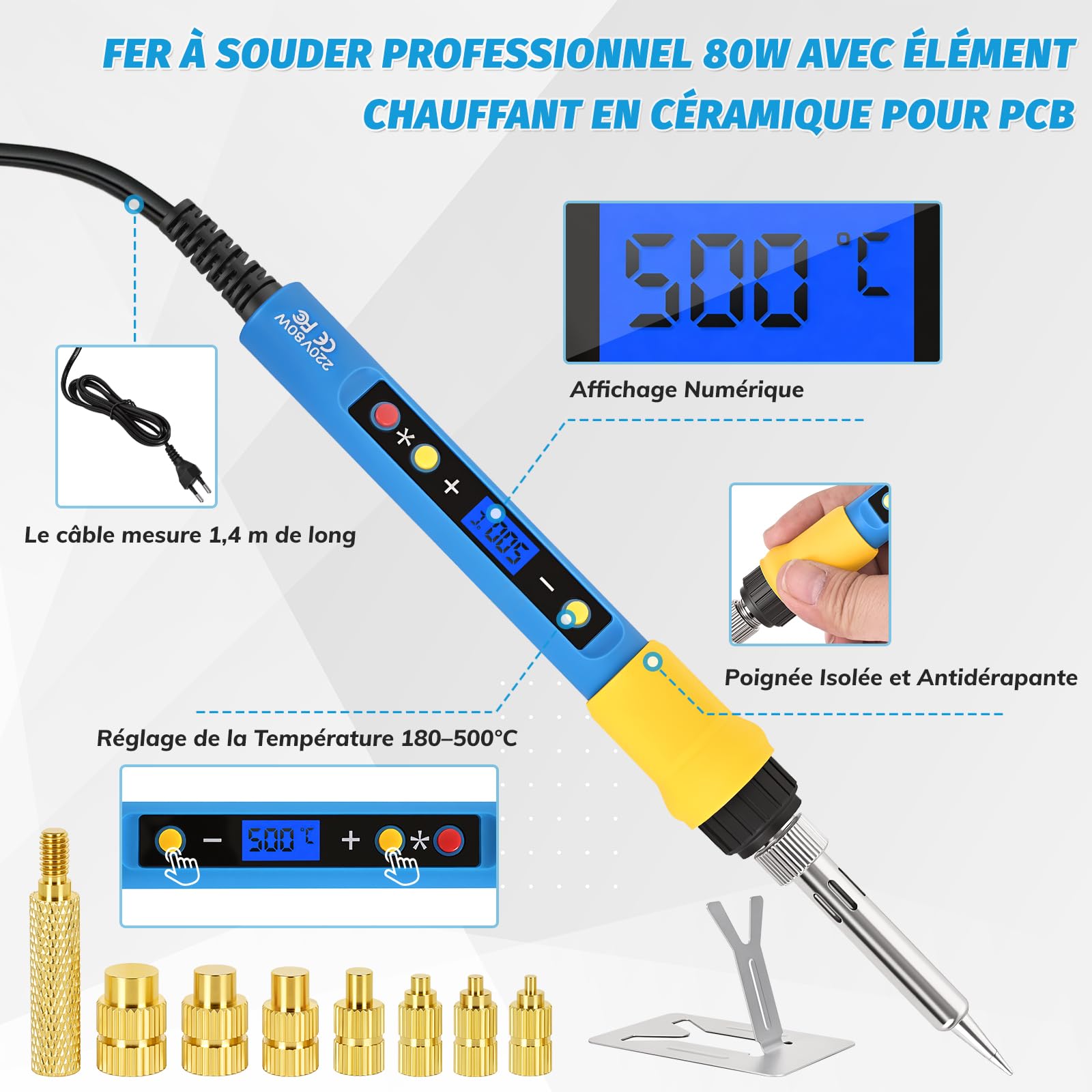 Inserts Filetés 400 pcs et Fer à Souder 80W, Température Réglable 180–500°C, 7 Pannes, M2/M2.5/M3/M4/M5/M6/M8 pour Impression 3D et Plastique
