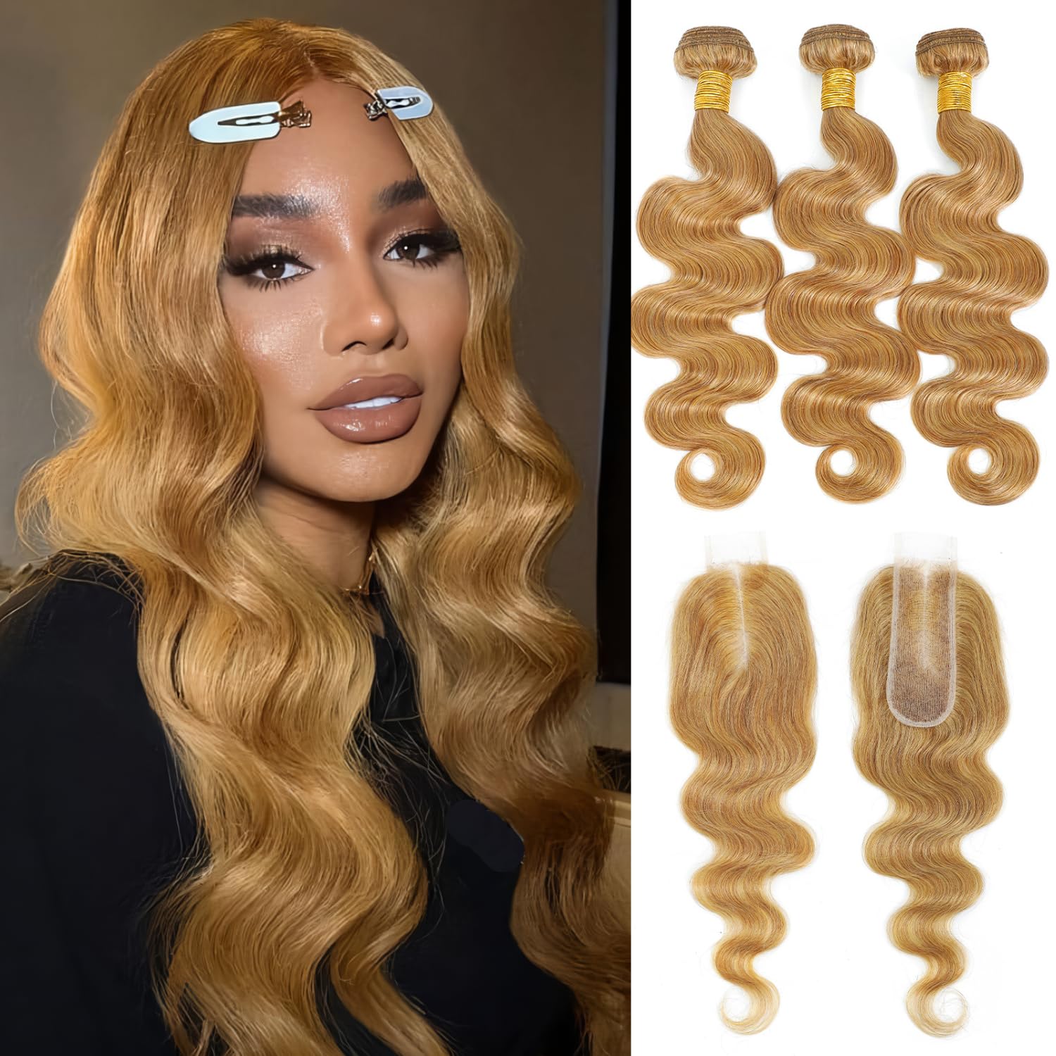 #27 Honey Blonde Bundles with 2x6 Closure Human Hair Body Wave 16 18 20+14 Inch, Soft Cozy Ash Blond Sew In Weave 3 Bundles with 2by6 HD Lace Closure,