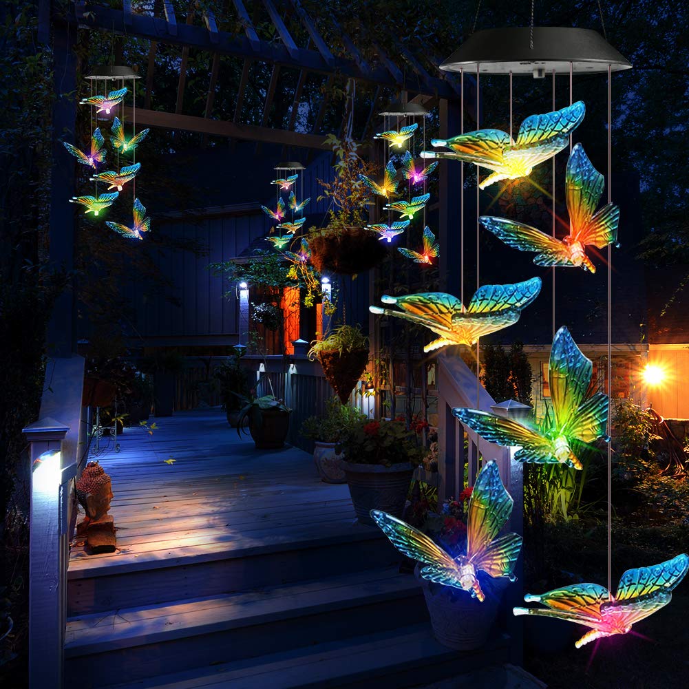 Qedertek Dekoracja wielkanocna, dzwonki wietrzne, motyl LED, słoneczna lampa ogrodowa, wisząca lampa do ogrodu, na drzewo, taras, podwórze, trawnik, podwórko, ścieżki