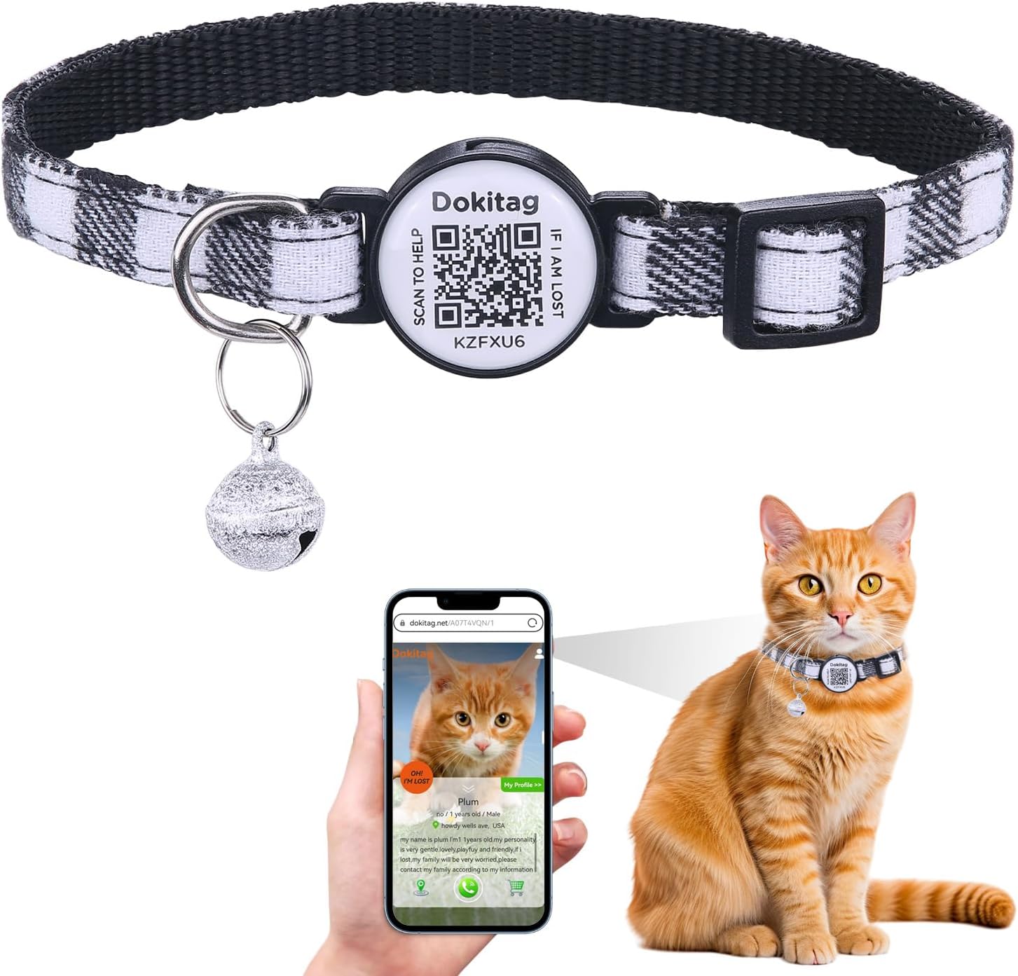 Cat Collar with QR Code Tag, Classic Plaid Cat Collar, Personalized Cat ID Tag, Cute Kitten Collar with Bell, Pet Online Profile - Scan QR Receive Instant Pet Location Alert Email (Black)