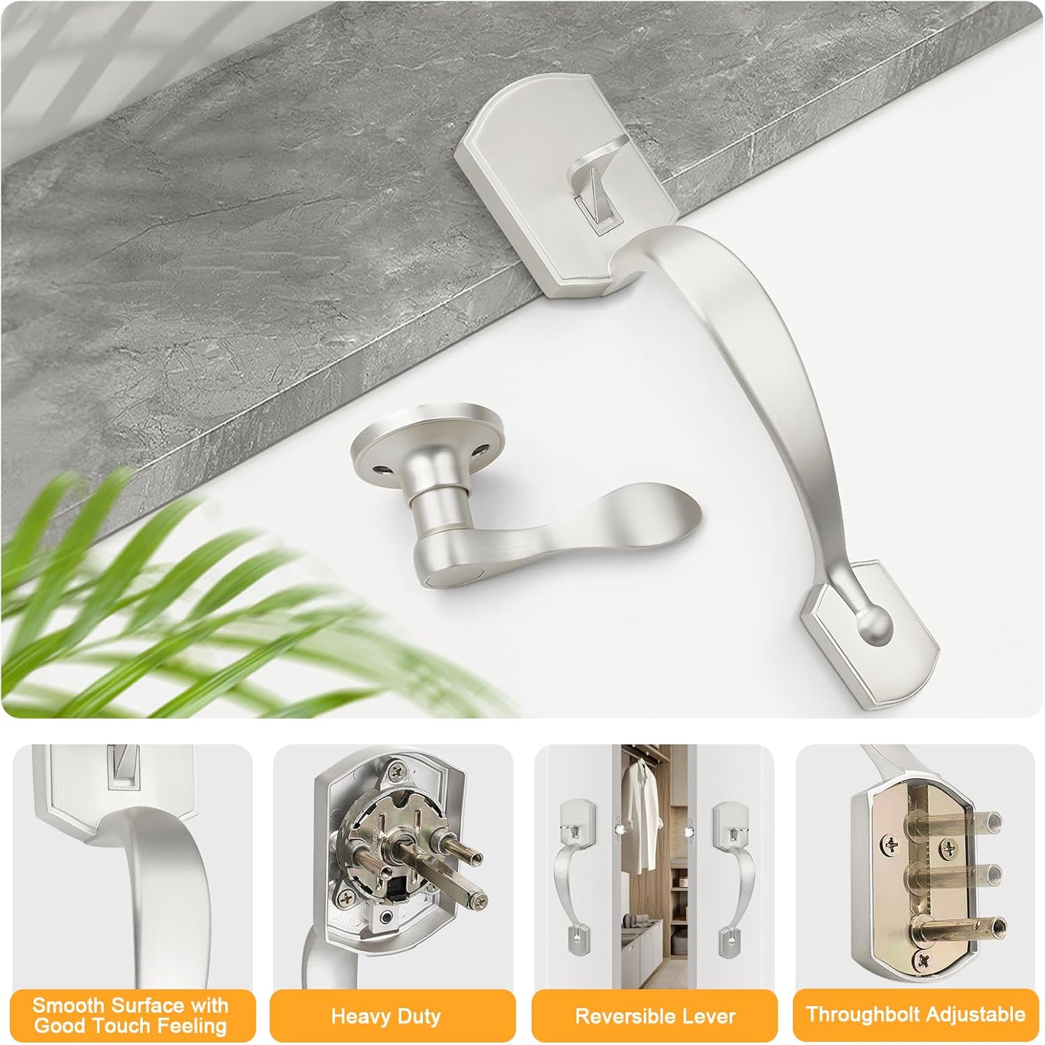 Probrico Front Entry Handleset,Satin Nickel Finsh,Heavy Duty Exterior Door Handle with Reversible Handed Lever,1Pack