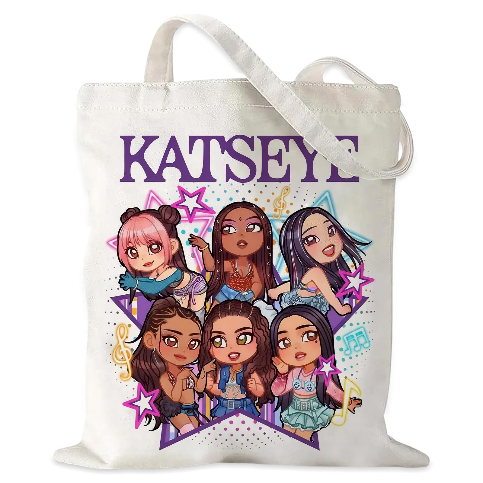 Onperpoe Katsye Canvas Tote Bag, Kpop Tote Bags for Women Double-Sided Printed Canvas Bag Girls Fans Gifts for Katseye Merch Cartoon K Pop Music Lovers (B)