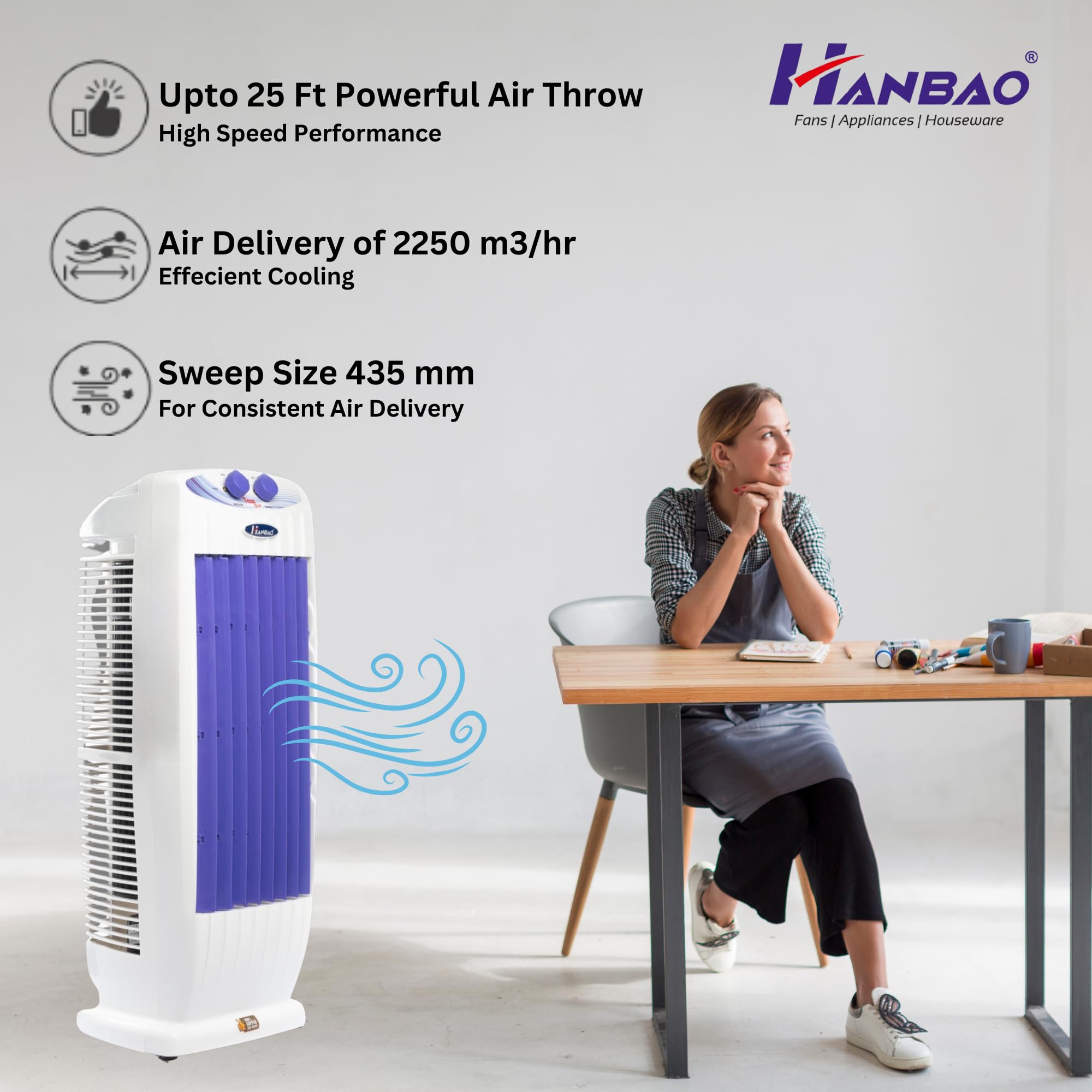 Buy HANBAO Tower Fan with TOP safety Copper Motor, 3 Speed - 4 Way