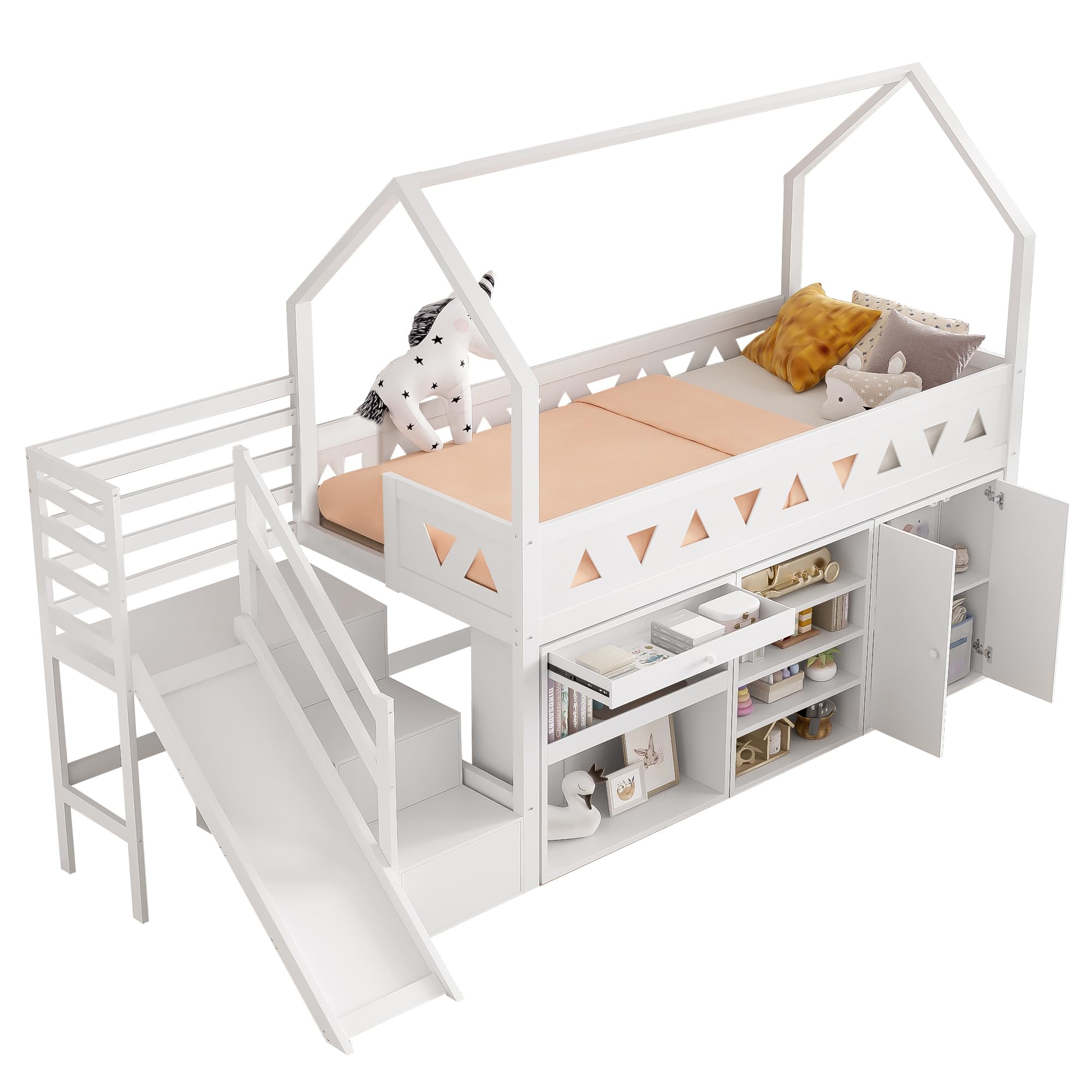Merax Kinderbett Hochbett 90x200 cm, mit Treppe Staufach Stauraum,Rutsche,Schreibtisch,Schließfach,Platzsparendes Kinder Einzelbett mit Lattenrost und Rausfallschutz,Ohne Matratze,weiß,90 * 200cm