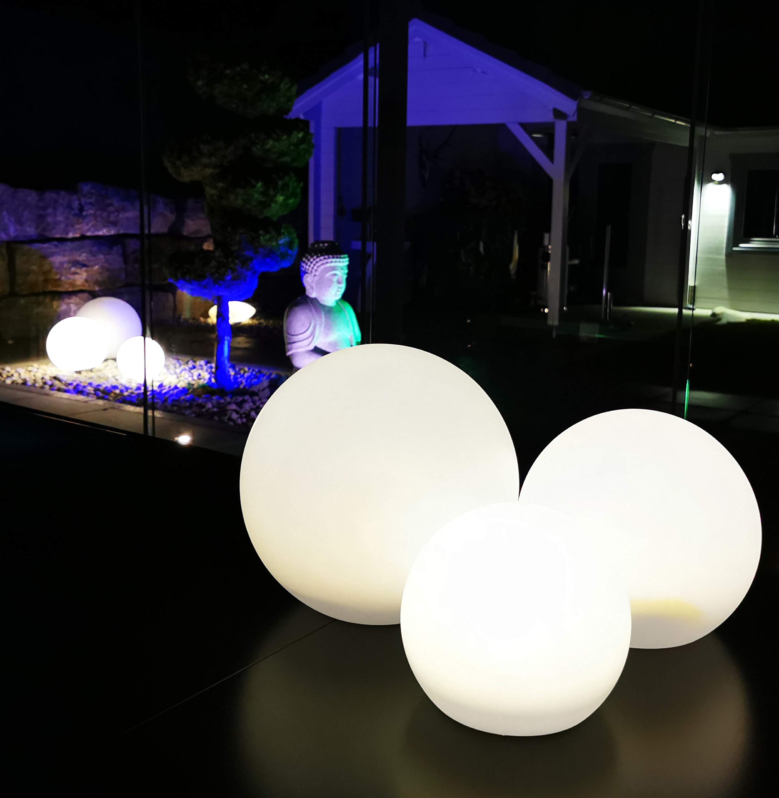 Trango 3er Set SO-00122 IP44 LED-Solarleuchte in 20-25-25cm Durchmesser Weiß matt mit 3000K warmweiß LED & RGB Farbwechsel LED *SNOWY* Solarkugel Leuchtkugel, Außenleuchte, Kugellampe, Gartenleuchte