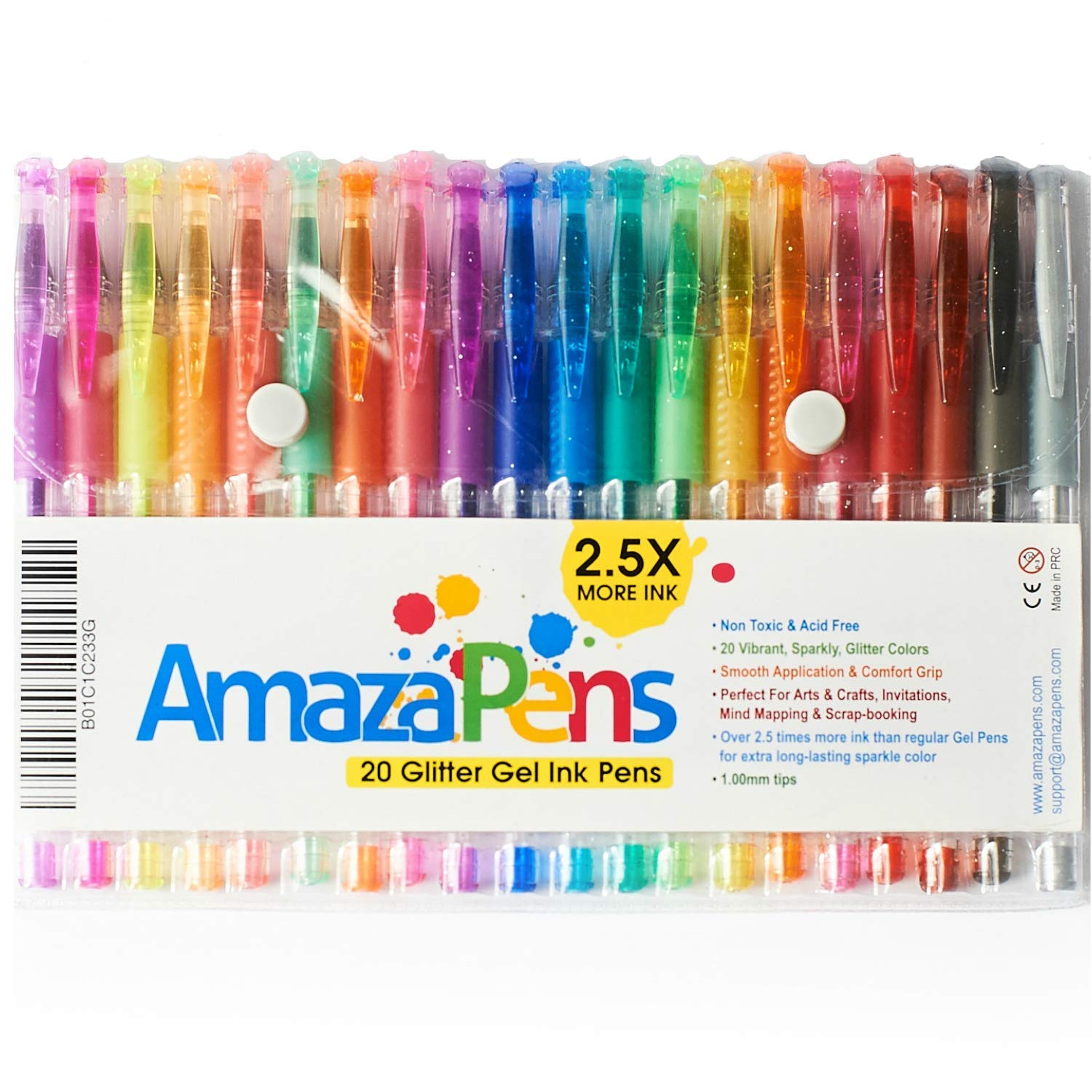 Colouring Pens, 20 Gel Pens Pack - Super Glitter 2.5X the Ink of Other Sets Best for Adding Sparkle to Your Adult Colouring Books and Art Projects