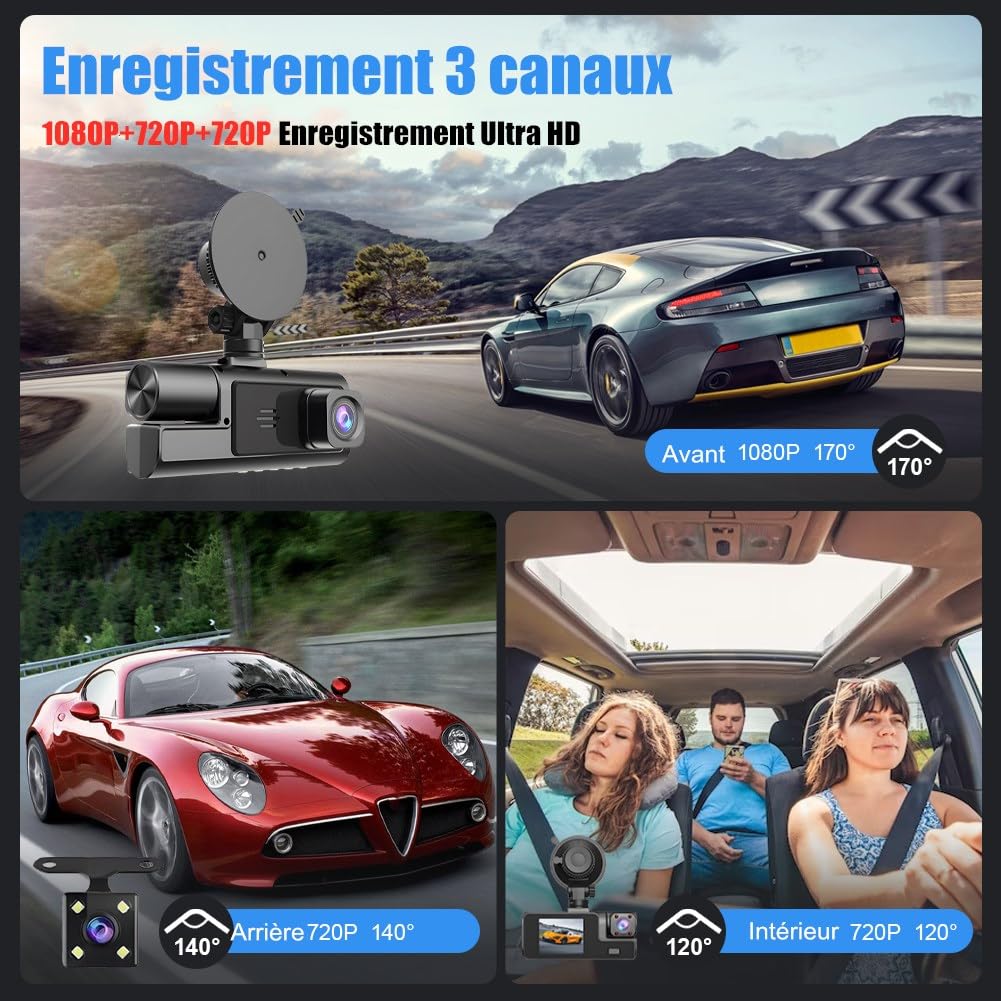 1080P Car Dash Cam 3 Kanal Vorne Hinten und Innen mit WiFi DVR Parküberwachung Bewegungserkennung G-Sensor Loop-Aufnahm Super Nachtsicht App Steuerung Sichtwinkel（170°+120°+140°）, C2