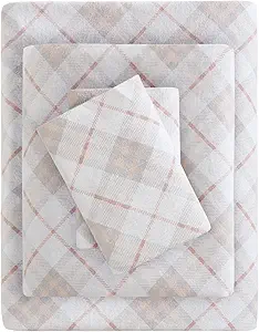 True North by Sleep Philosophy Cozy Flannel Warm 100% Cotton Sheet - Novelty Print Animals Stars Cute Ultra Soft Cold Weather Bedding Set, Full, Pink Plaid 4 Piece