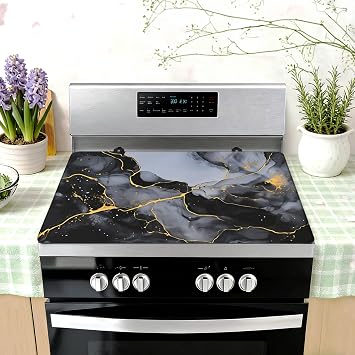 Stove Top Cover for Electric Stove 28"x 20", Black and Gold Marble Design Resistant Glass Top Stove Cover Protector, Scratch-Resistant,Glass Cooktop Covers, Kitchen Flat Electric Stove Top Covers