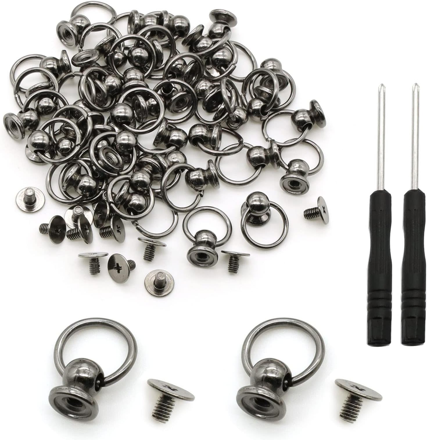 120 Pcs Screwback Round Head Rivet with Pull Ring Studs DIY Leather Craft Rivets Studs, for Purse Wallet Phone Case Handbag Decoration Bag with Mini Screwdriver (Black)