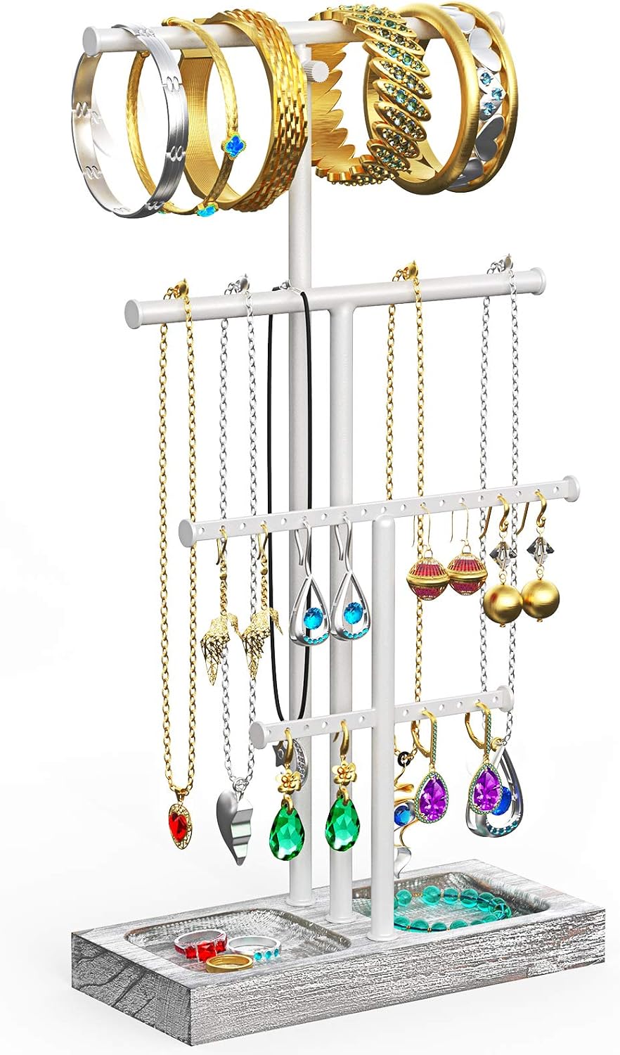 Amada Jewelry Stand 3 Tier Towers Tree Jewelry Organizer with Metal Rack and Paulownia Wood Storage Base, Necklaces Bracelets Earrings Rings Holder Jewelry Displayer, Gray AMJO-03