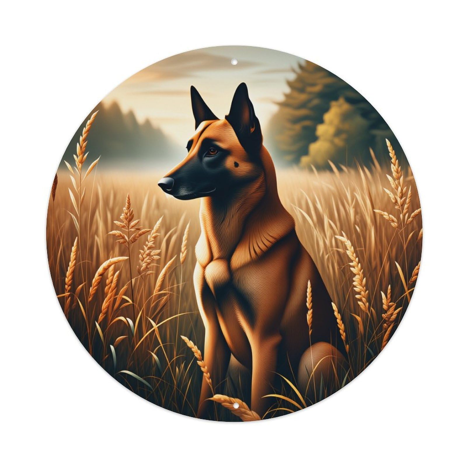 Wmlzdnwr Vintage Dog In Field With Golden Grass And Trees Round Tin Sign,Retro Wall Art,Metal Poster For Home, Bar, Garage, Cafe, Rustic Indoor & Outdoor Decor, 8X8 Inches