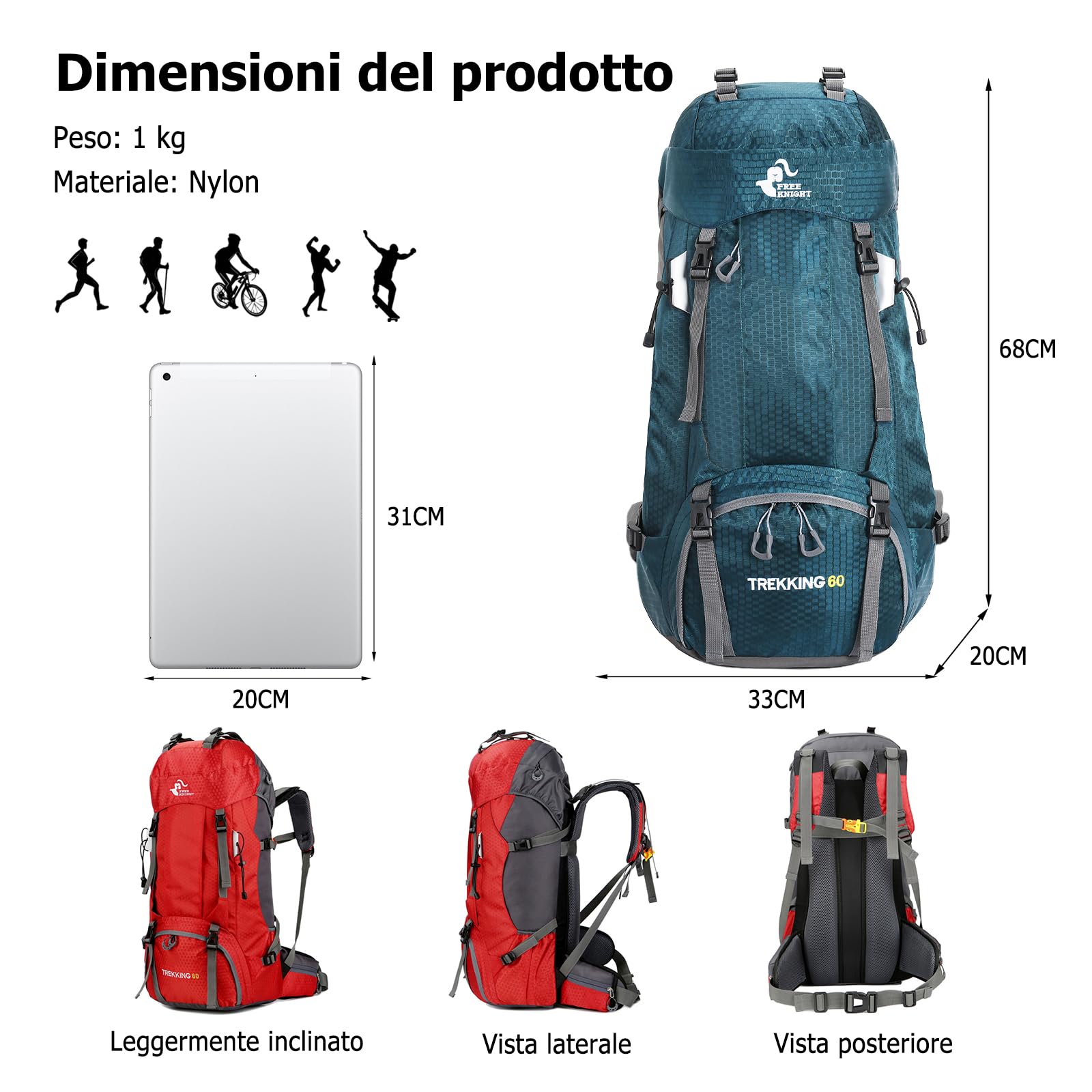 60L Zaino da Trekking Zaino Grande Impermeabile Zaini con Copertura per la Pioggia Donna Uomo Backpack per Escursionismo Campeggio Arrampicata Viaggio Turchese
