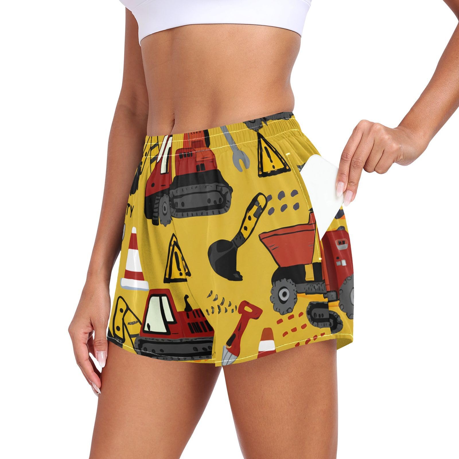UMIRIKO Cheerful Construction Vehicles Excavators Women's Running Shorts with Pockets Sporty Workout Quick Dry Athletic Shorts L 202c1171