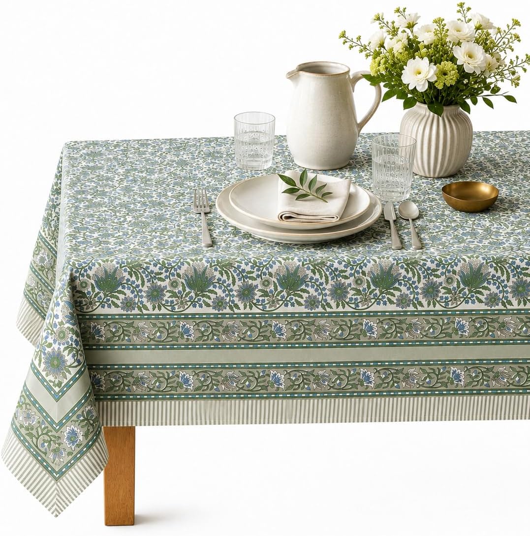 Floral Square Table Cloth | 100% Cotton Hand Block Printed Thanksgiving Table Cover| Dust Proof Wrinkle Resistant | for Dining, Festive, Parties, Weddings (Green White, 60 * 60 inch)