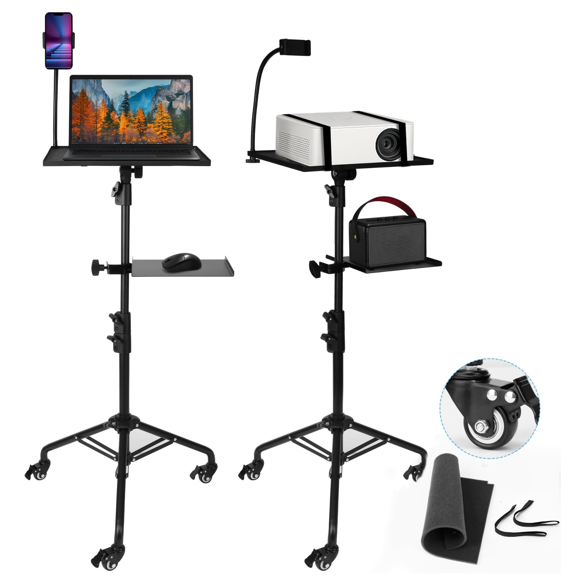 Projector Stand Tripod - 28.7 -54.3 Inch Adjustable Laptop Tripod Stand with Wheels - Dual Tray Portable Laptop Stand with Phone Holder for Office, Home, Stage, DJ Equipment &amp; Outdoor Movies
