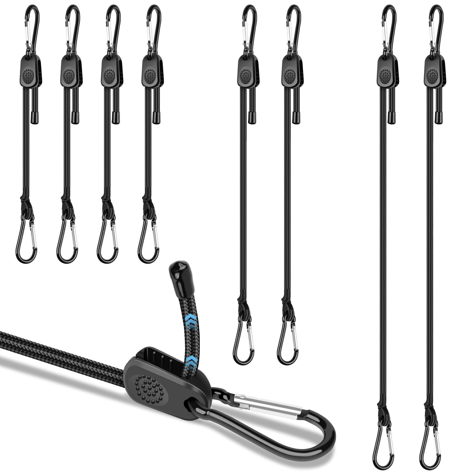 Photo 1 of Adjustable Bungee Cords with Carabiner Hooks Includes 12", 24", 48"?8 PCS Black Bungee Cords Heavy Duty Outdoor Easy Ajust Length for Securing Tarps, Luggage, Tents, Bikes and Boats
