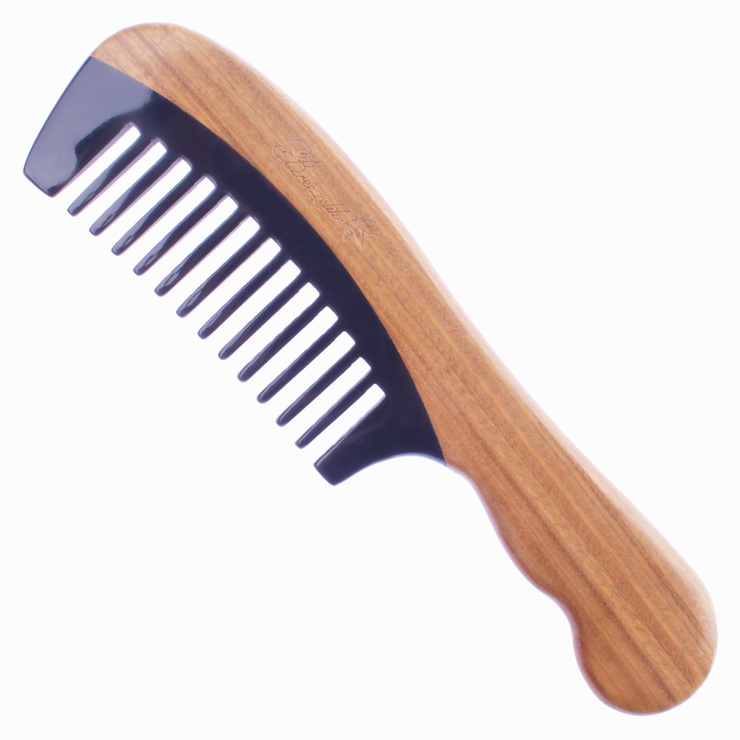 Breezelike No Static Black Buffalo Horn Wide Tooth Comb with Wavy Green Sandalwood Handle